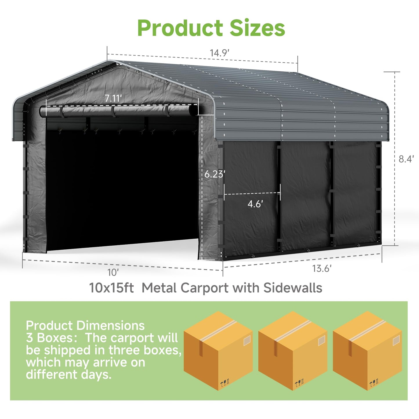 10x15FT Heavy Duty Metal Carport,Outdoor Garage with Removable Sidewalls & Doors, Heavy Duty Steel Frame and Galvanized Roof for Cars and Boats, Gray