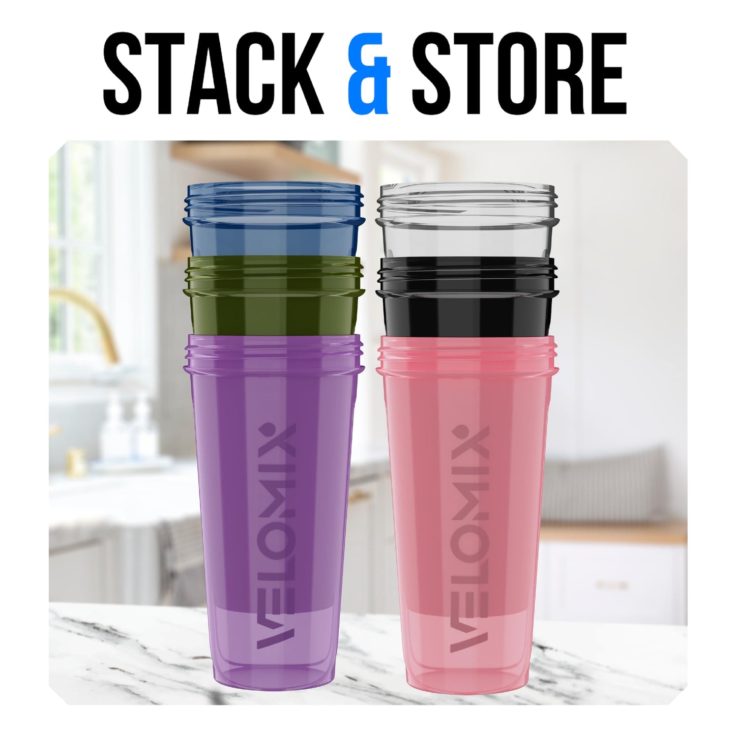 VELOMIX -6 PACK- 28 oz Protein Shaker Bottle for Protein Mixes -6x Wire Whisk | Leak Proof Shaker Cups for Protein Shakes | Large, Stackable Protein Shaker Bottle Pack