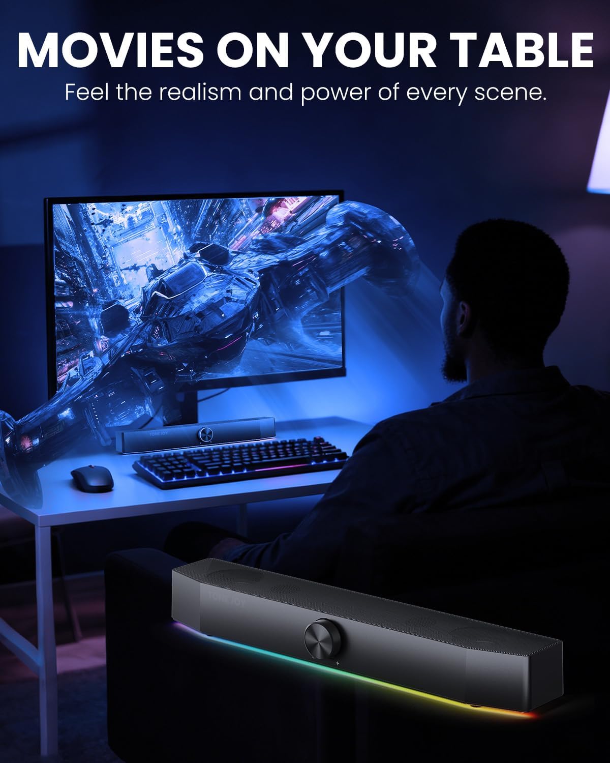 TONE JOY 2.0 3.5mm Computer Speakers for Desktop, Channel PC Speakers with Bottom Glow LED Light, Clear Sound Soundbar