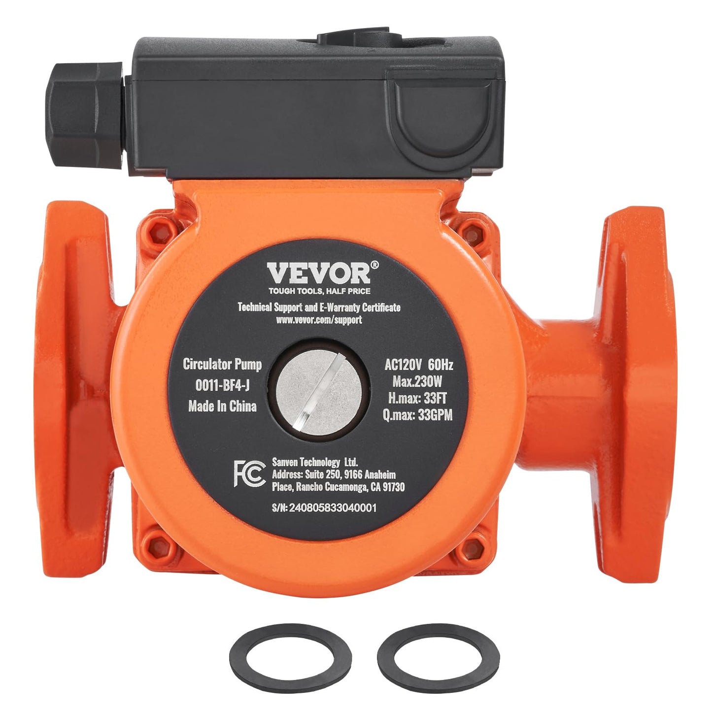 VEVOR 0011-BF4-J Cast Iron Circulating Pump, 33 GPM Hot Water Circulation Pump, 1-1/4" NPT Flange 3-Speed Circulator Pump, Quiet Operation Circulator for Floor Heating/Home Water Heater System