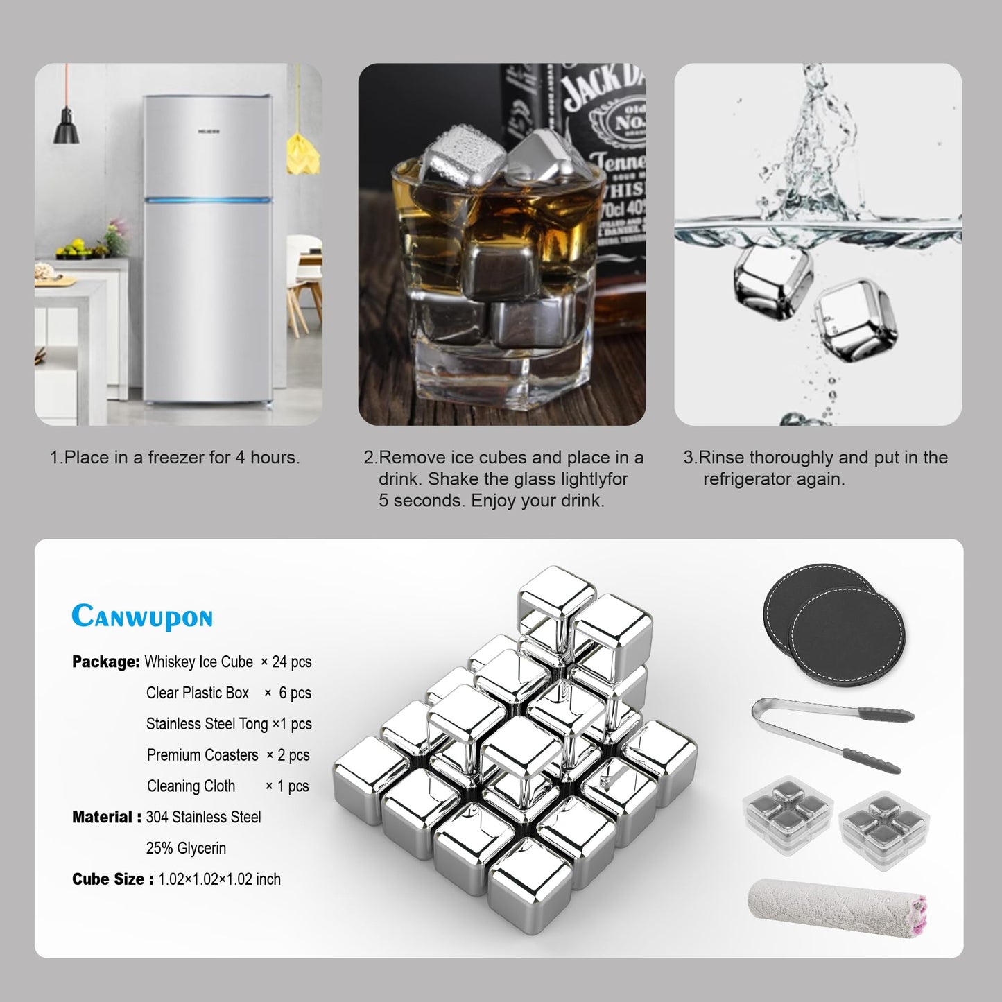 24 Pack Stainless Steel Ice Cubes Reusable - Ice Cubes Stainless with Ice Tongs and Whiskey Stones - Gifts for Men Dad Christmas for Drinks, Whiskey, Vodka, Chilling Rocks, Chilling Rocks for Drinks