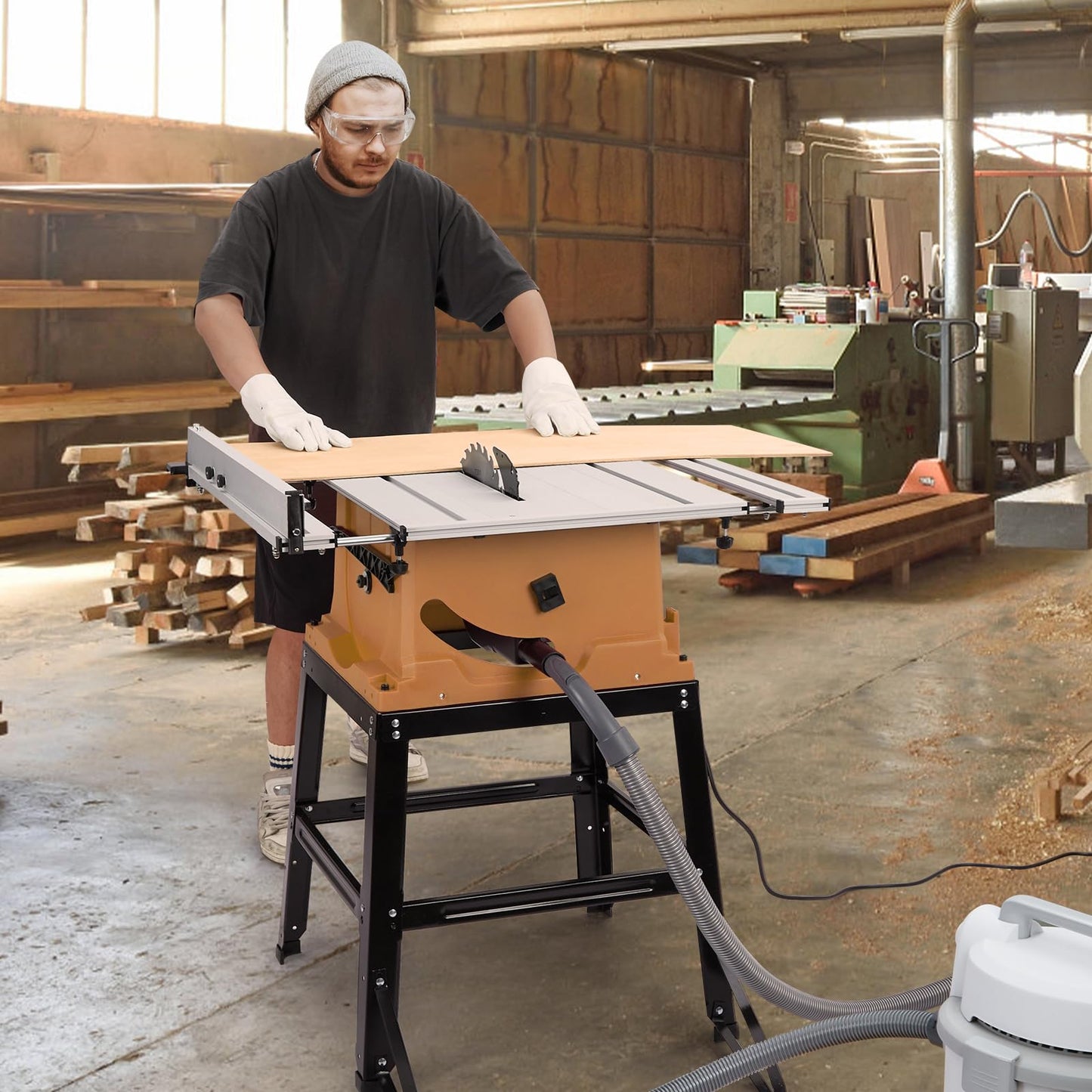 Table Saw, 10 Inch 15A Multifunctional Saw With Stand & Push Stick, 90° Cross Cut & 0-45° Bevel Cut, 5000RPM, Adjustable Blade Height for Woodworking, Orange