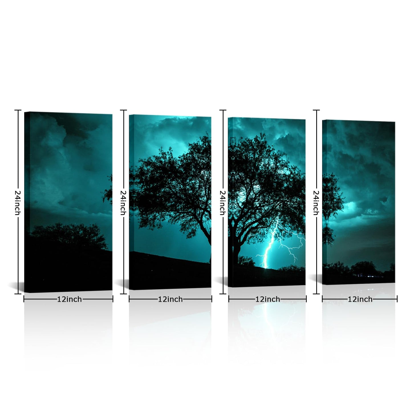 NutArtPic Tree Canvas Wall Art Teal Big Tree with Lightning Strikes Picture Artwork Natural Landscape Artwork Painting for Home Decor 12''x24''x4pcs (Teal)