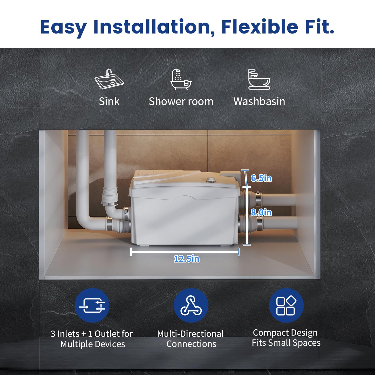Utility Sink Pump, 1600 GPH Drain System 500 W Under-Basin Gray Water Unit for Laundry & Kitchen, 23 FT Lift Sink Pump with Check Valve & Odor Filter