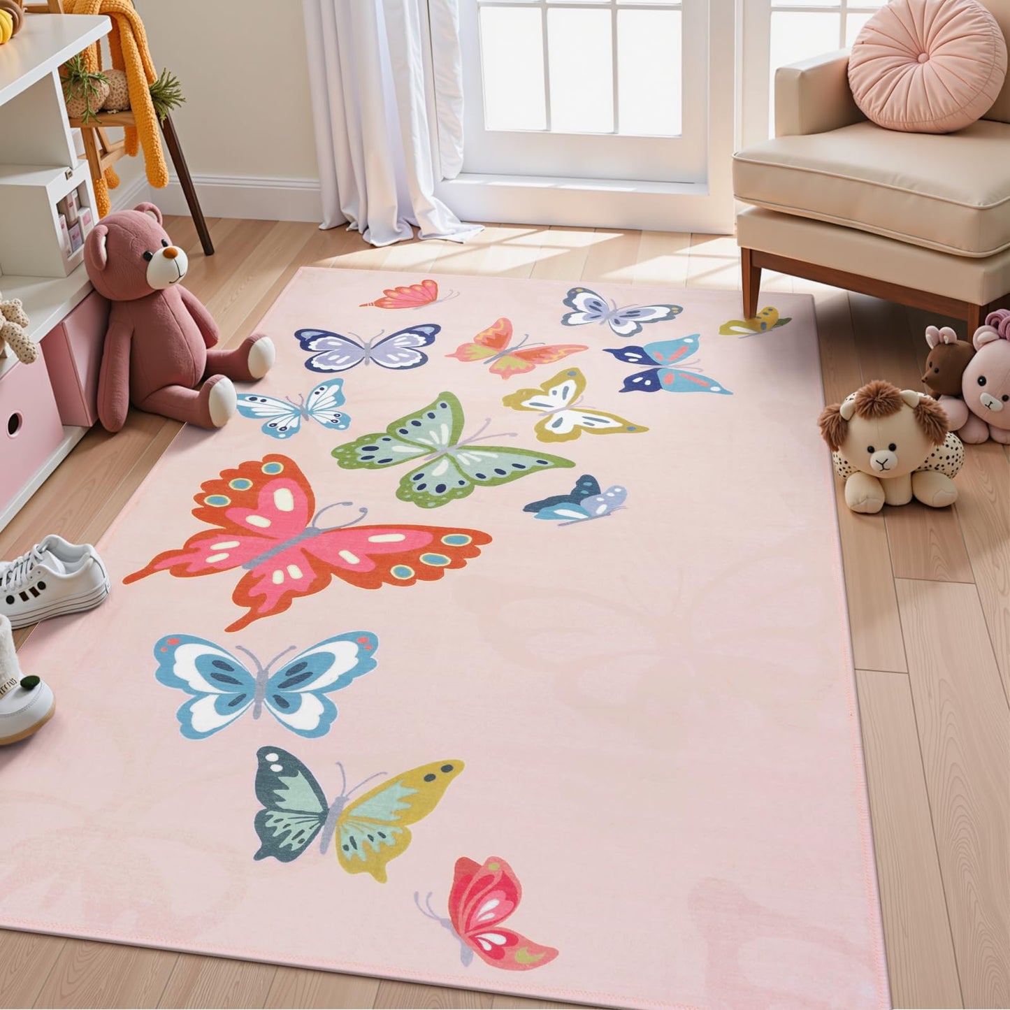 STARUIA Washable Pink Rugs for Girls Bedroom, 5x7 Soft Butterfly Rug Kids Rugs for Playroom Nursery, Non Slip Baby Toddler Carpet for Kids Room Daycare Tent Dorm Castle Indoor Decor