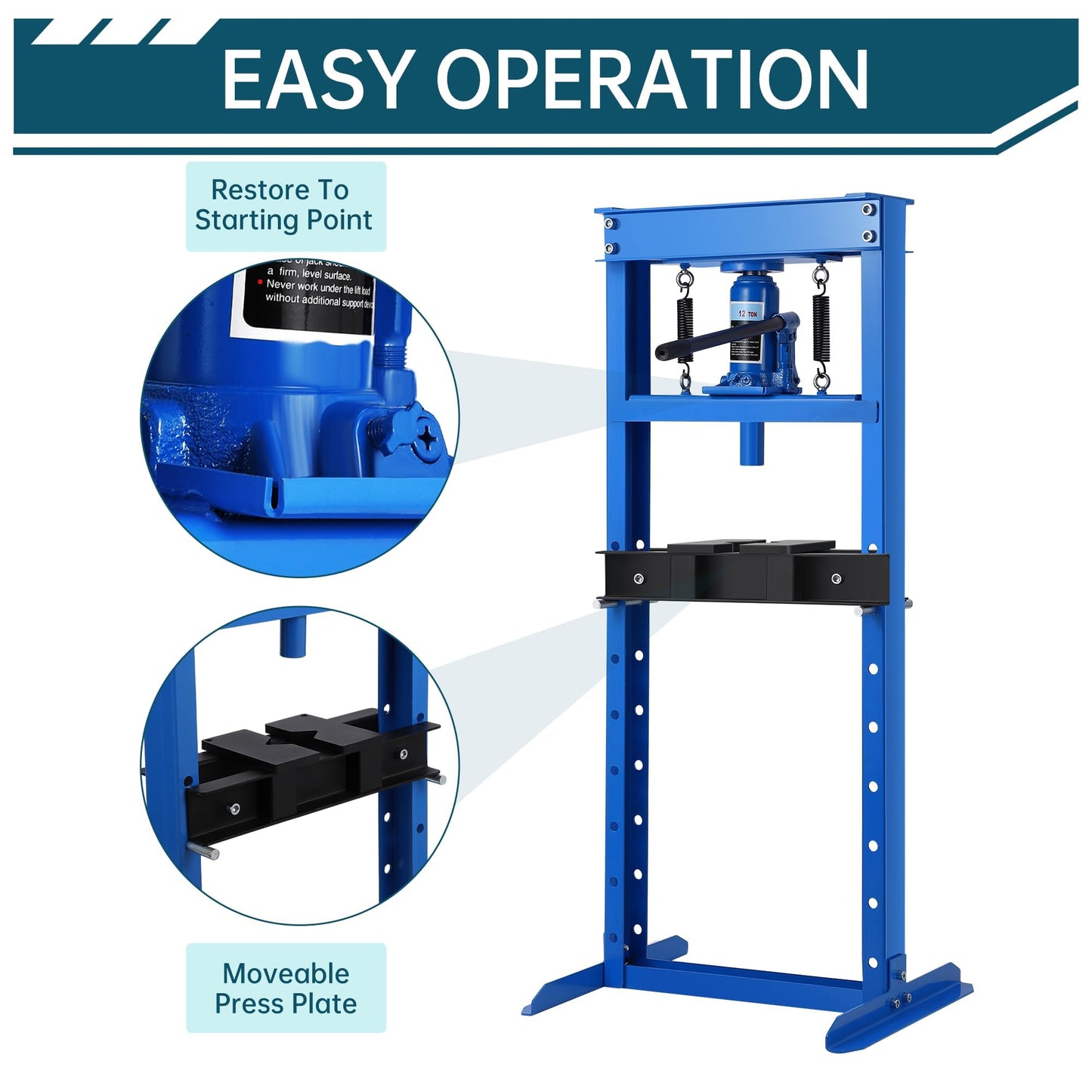 Garvee 12T Hydraulic Press, H-Frame Hydraulic Shop Press with 2 Press Plates, Heavy Duty Garage Floor Shop Press with Adjustable Work Table Height for U-Joints, Blue