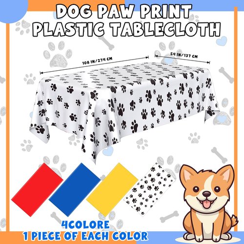 Dunzoom 4 Pack Puppy Dog Pet Paw Print Plastic Tablecloth 54 x 108 Inches Red Blue Yellow Table Cover Paw Print Disposable Rectangle Table Cover for Pet Blue Dog Birthday Party Supplies