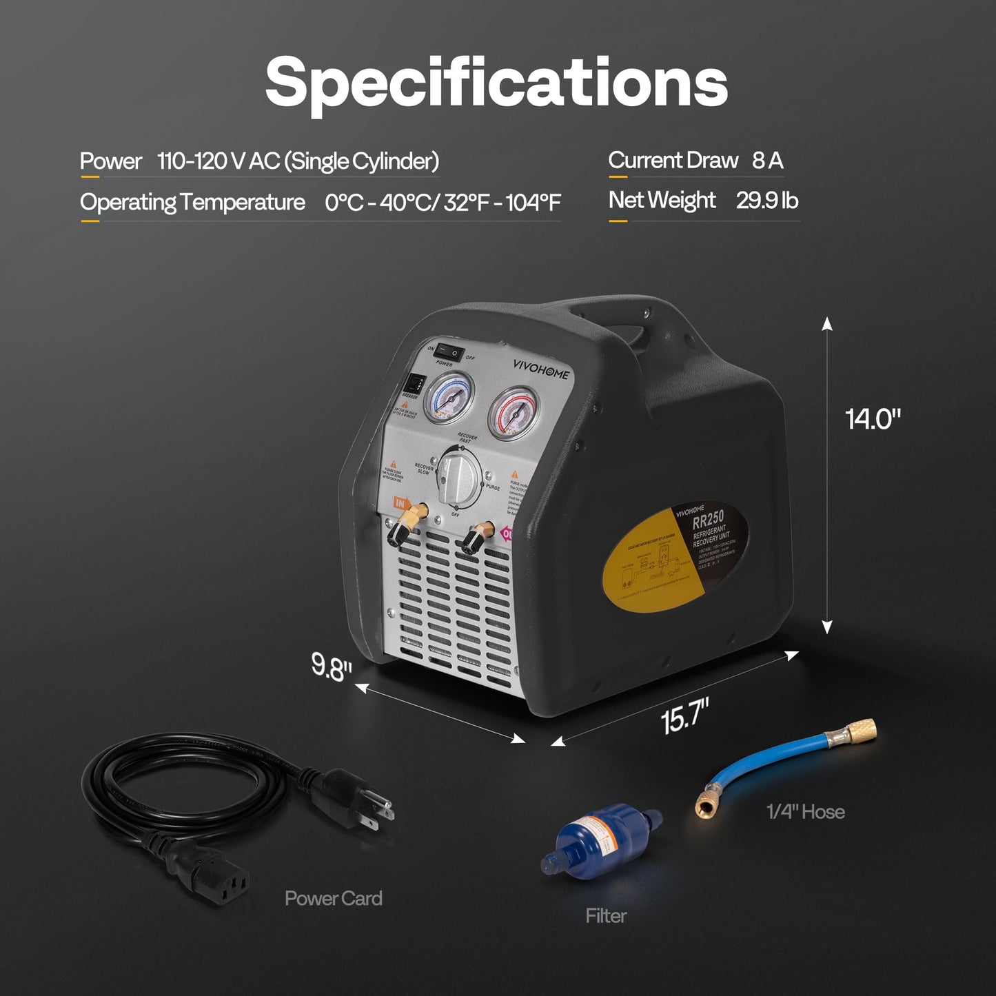 VIVOHOME 110-120V AC 60Hz 3/4HP Single Cylinder Portable Refrigerant Recovery Machine, Grey