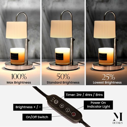 Dimmable Glass Candle Warmer Lamp with Timer - Adjustable Height Candle Lamp Warmer with Timer (8H/4H/2H) - Wax Melter - Ideal Gift, fits Various Size Scented Candles - 02 Bulb - (Brushed Nickel)