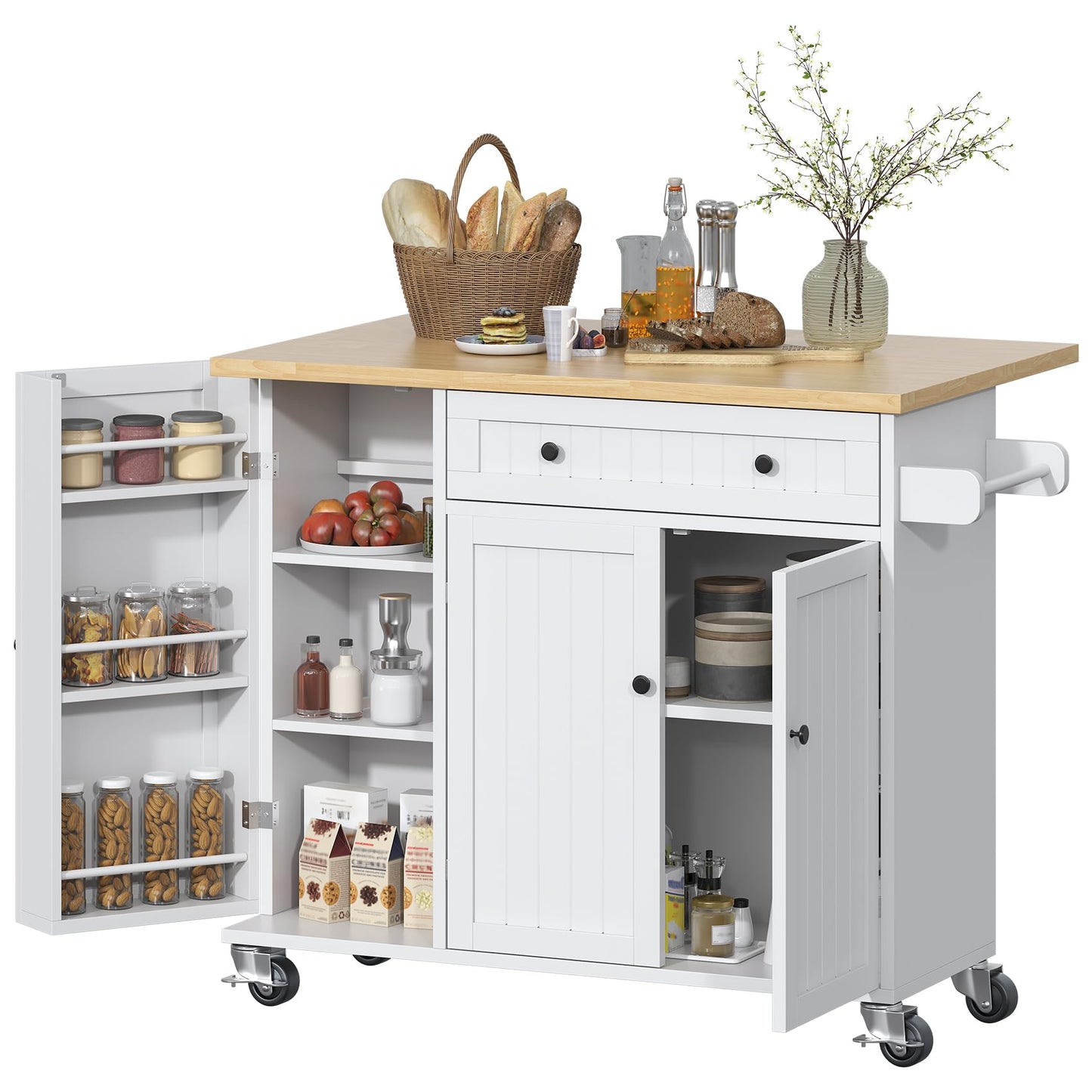 Bigbiglife Kitchen Island with Drop Leaf, Island Table on Wheels with Storage Cabinet, Modern Sideboard Buffet with Doors, Rolling Kitchen Island Cart for Dinning Room,White