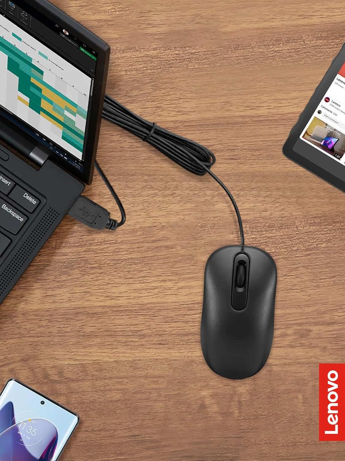 Lenovo 100 3 Wired USB Computer Mouse for PC, Laptop, Computer with Windows - Full-Size - Ambidextrous Design - Buttons