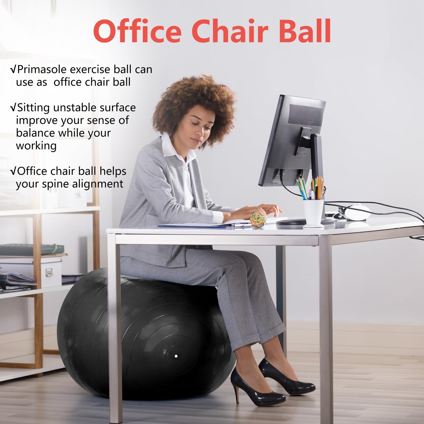 Primasole Stability Ball 55cm(21.7inch- 65cm(25.6inch) Diameter Thickened Yoga for Pregnancy & Exercise - Fitness Ball for Pilates, Office Chair and Birth Support.