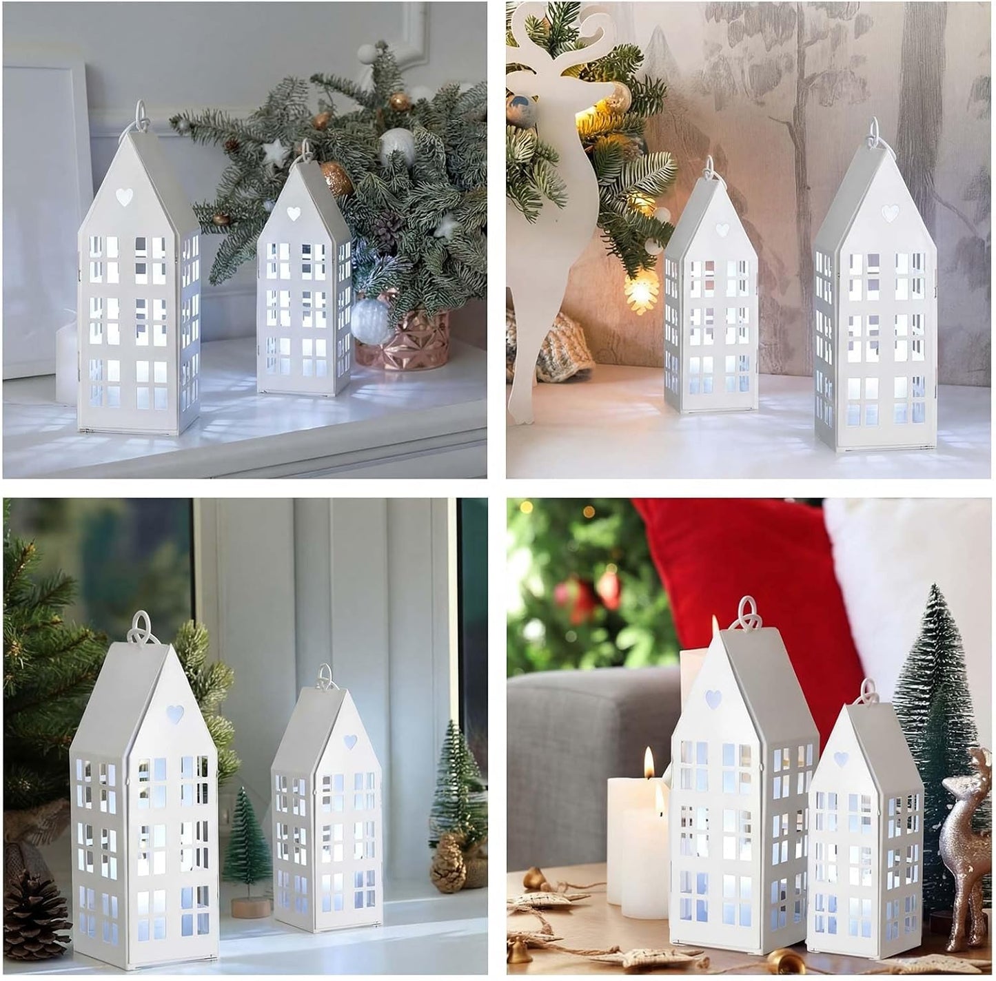 SiliFine White Farmhouse Village Set - 2 Rustic Houses with 2 White Candles | Modern Lantern Decor for Home & Events