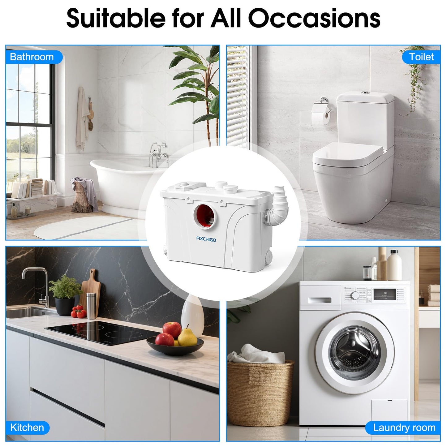 FIXCHIGO 800W Macerator Pump, Macerating Toilet System with 4 Inlets/1 Outlets, 48 GPM Flow, 29.5 FT Head, PCB Smart Control Sewage Pump for Basement, Sink, Toilet, Laundry, Kitchen