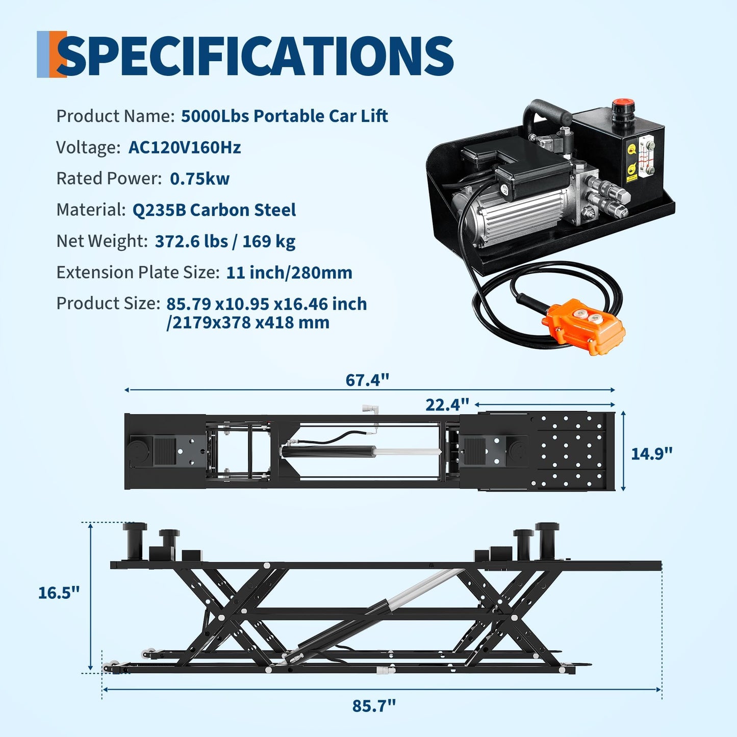 EliteEdge 5000LBS Portable Car Lift for Trucks SUV Sedan, Heavy Duty Scissor Lift Jack with Safety Lock, Adjustable Height 10.24"-26.8", Hydraulic Vehicle Lifting System with Extension Plates