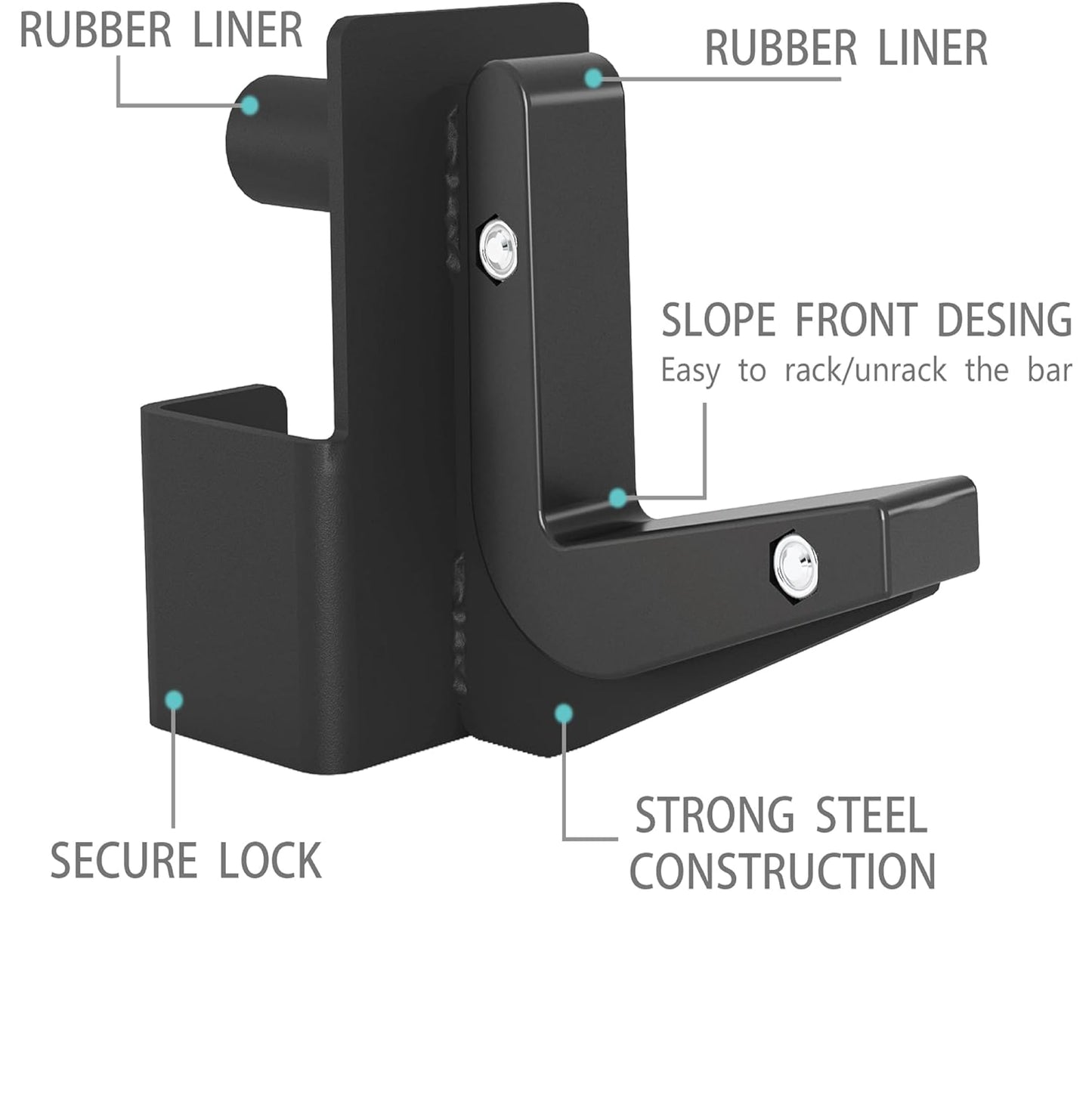 Sportsroyals J Hooks for 2" x 2" Power Rack with 1" Hole, Rubber Pad J-Hook for Power Cage, Bottom Reinforced Steel J Cups for Squat Rack, Heavy Duty Barbell Holder, Black, (Cable Accessories)