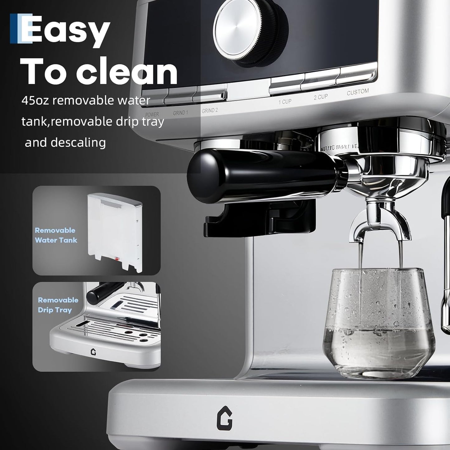 ExploreHorizon 20 Bar Espresso Machine with Built-In Grinder & Milk Frother, 1.5L Removable Water Tank, Adjustable Shot Volume & 30 Grind Settings for Home or Office Use, Stainless Steel Silver