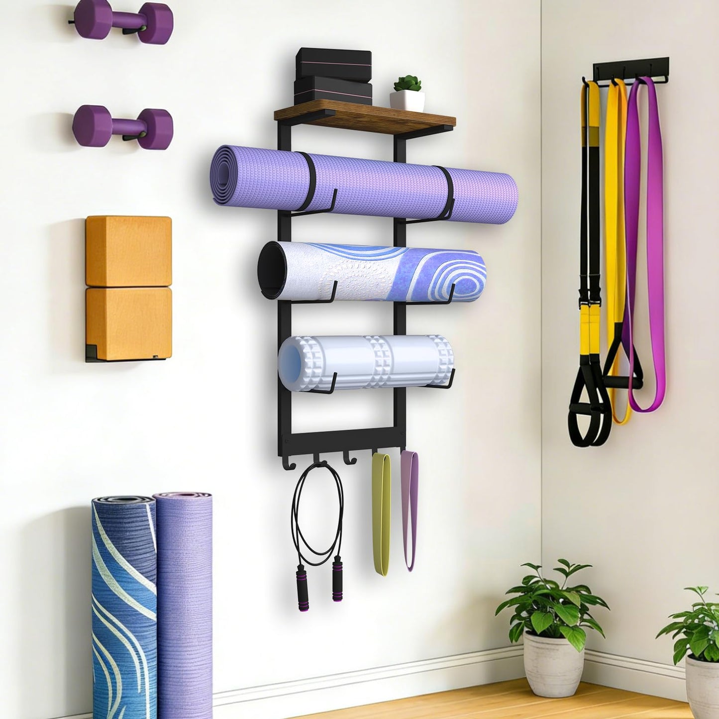 BSTSLL Yoga Mat Holder Wall Mount, Yoga Mats Storage Rack, Home Gym Wall Organizer Holder with Wood Floating Shelf and 5 Hooks, Storage Rack for Hanging Foam Roller/Band/Workout Equipment
