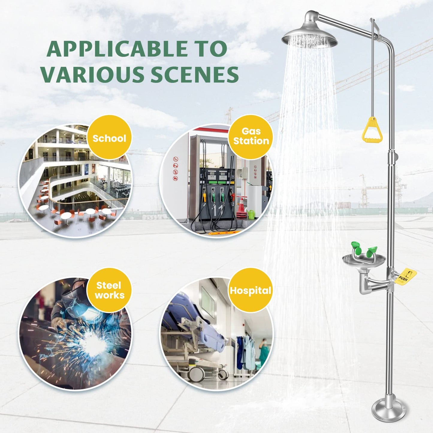 Huanyu Emergency Shower and Eyewash Station Safety Shower Eye Wash Station 304 Stainless Steel Commercial Eye Wash Kit with Emergency Sign Hospital Factory (1101)