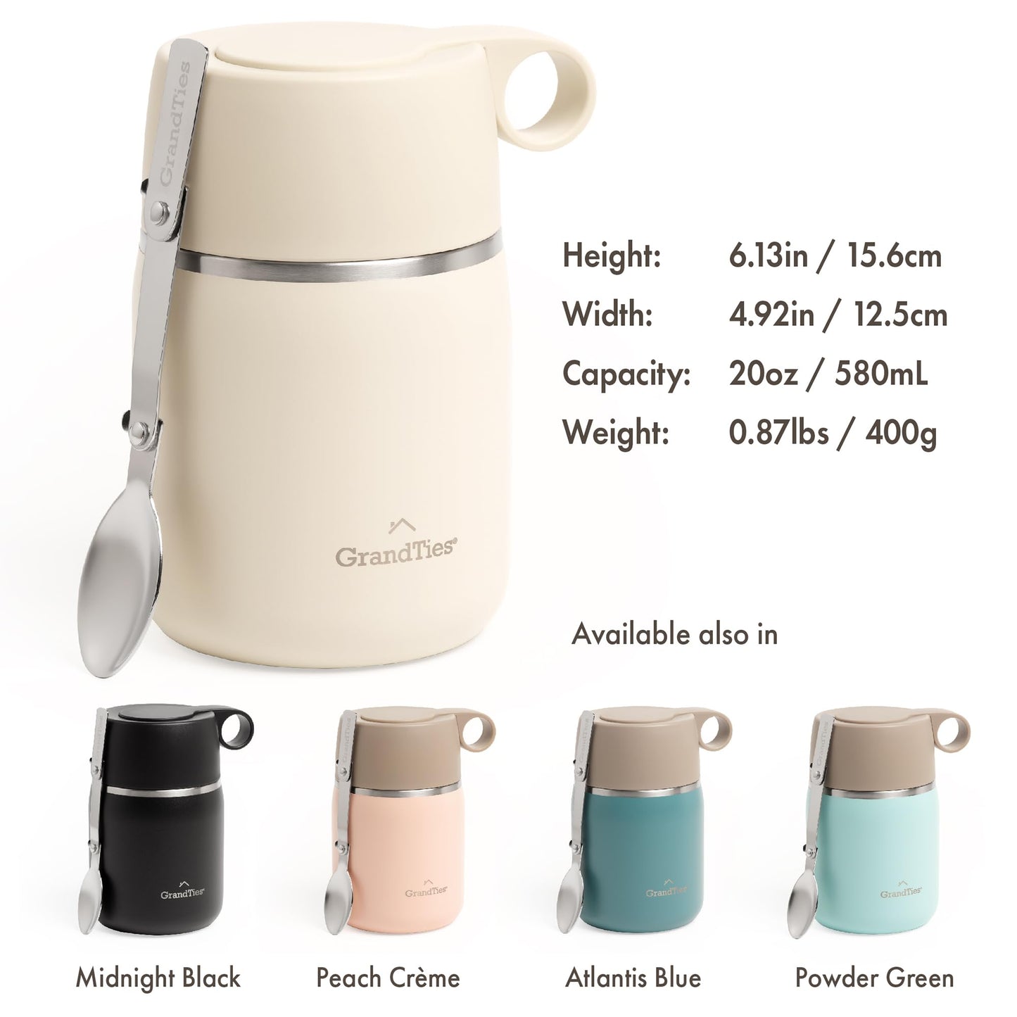 GRANDTIES Insulated Food Jar, 20 oz Wide Mouth Thermo BPA Free Stainless Steel Container for Hot Food with Carry Handle Bowl Cap & Foldable Spoon, Leakproof for Lunch To Go Meals (Ivory White)