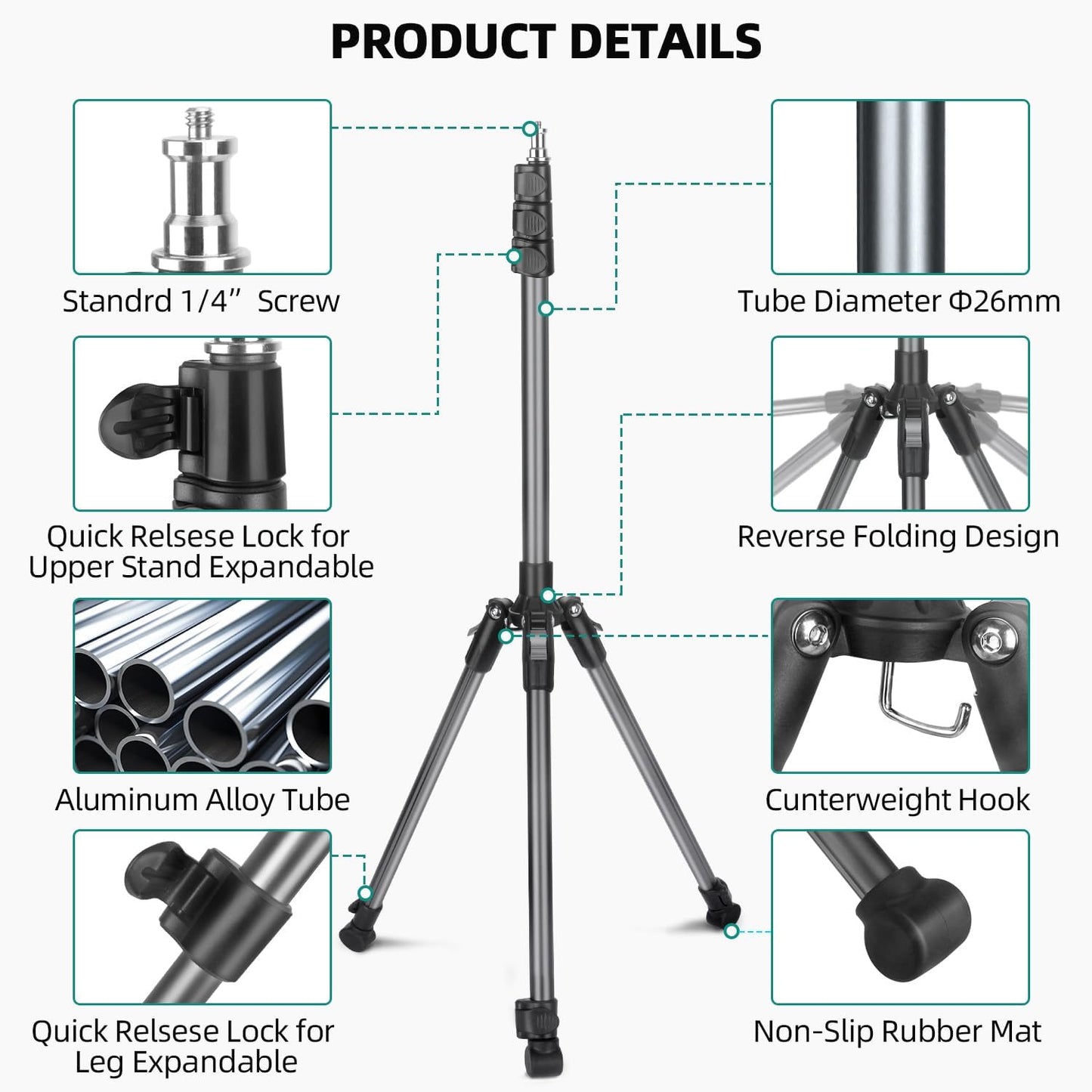 JEBUTU 6.6ft/2m Extendable Photography Light Stand, Adjustable Aluminum Light Tripod Stand for Travel, Reversible