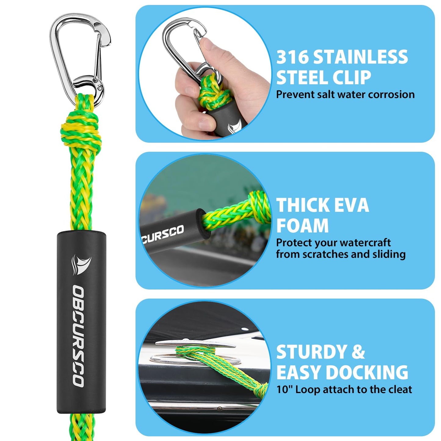 Obcursco Bungee Dock Lines for Boat, Docking Rope with 316 Stainless Steel Clips, Accessories for Jet Ski, PWC, SeaDoo, Pontoon, Center Console, Sets of Two(4ft & 6ft) (Green/Yellow)
