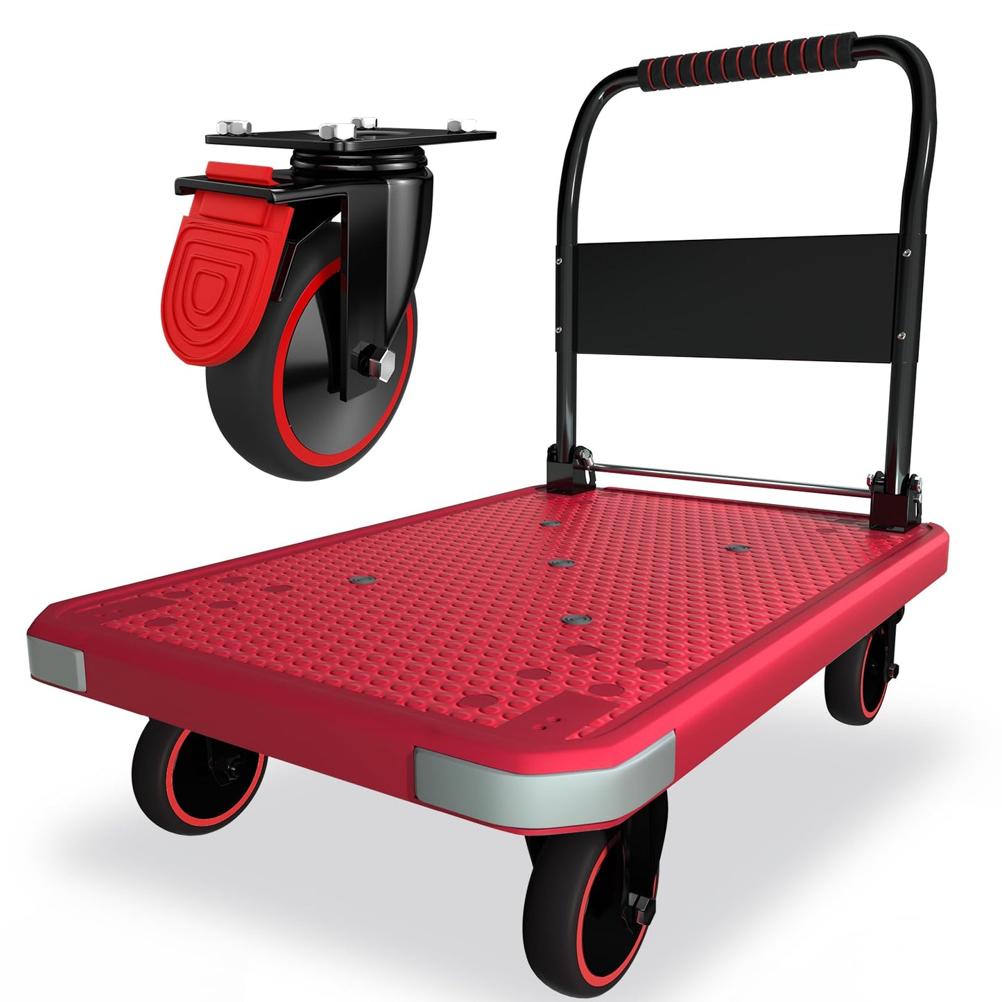 WUD Foldable Hand-Push Platform Truck with Brake, 360-Degree Swivel Wheels, 35.4”L x 23.6”W, 880 lb Load Capacity, Suitable for Luggage, Travel, Moving, Shopping, Office, Home Garden,Pink