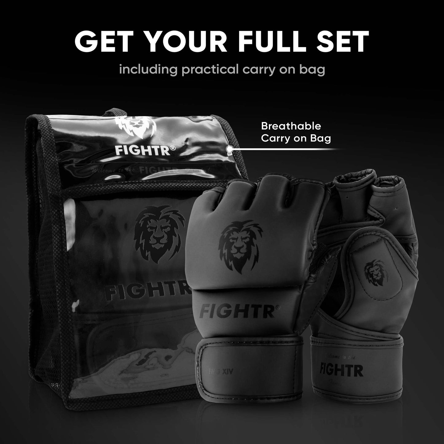 FIGHTR® Pro MMA Gloves for Grappling Sparring Training, Kickboxing Martial Arts Muay Thai Punching Bag Mitt Training Boxing for Men and Women | incl. Carrying Bag (All Black, L)