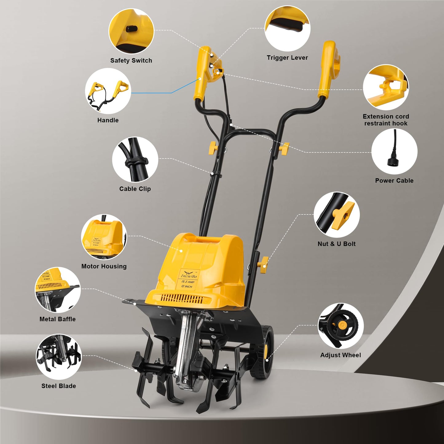 IncwBo Electric Tiller/Cultivator 4 Steel Tines, 8'' Tilling Depth Garden Roto Tillers for Gardening, 13.5 Amp 12 Inch Corded Rototiller with Adjustable Wheels, Yellow