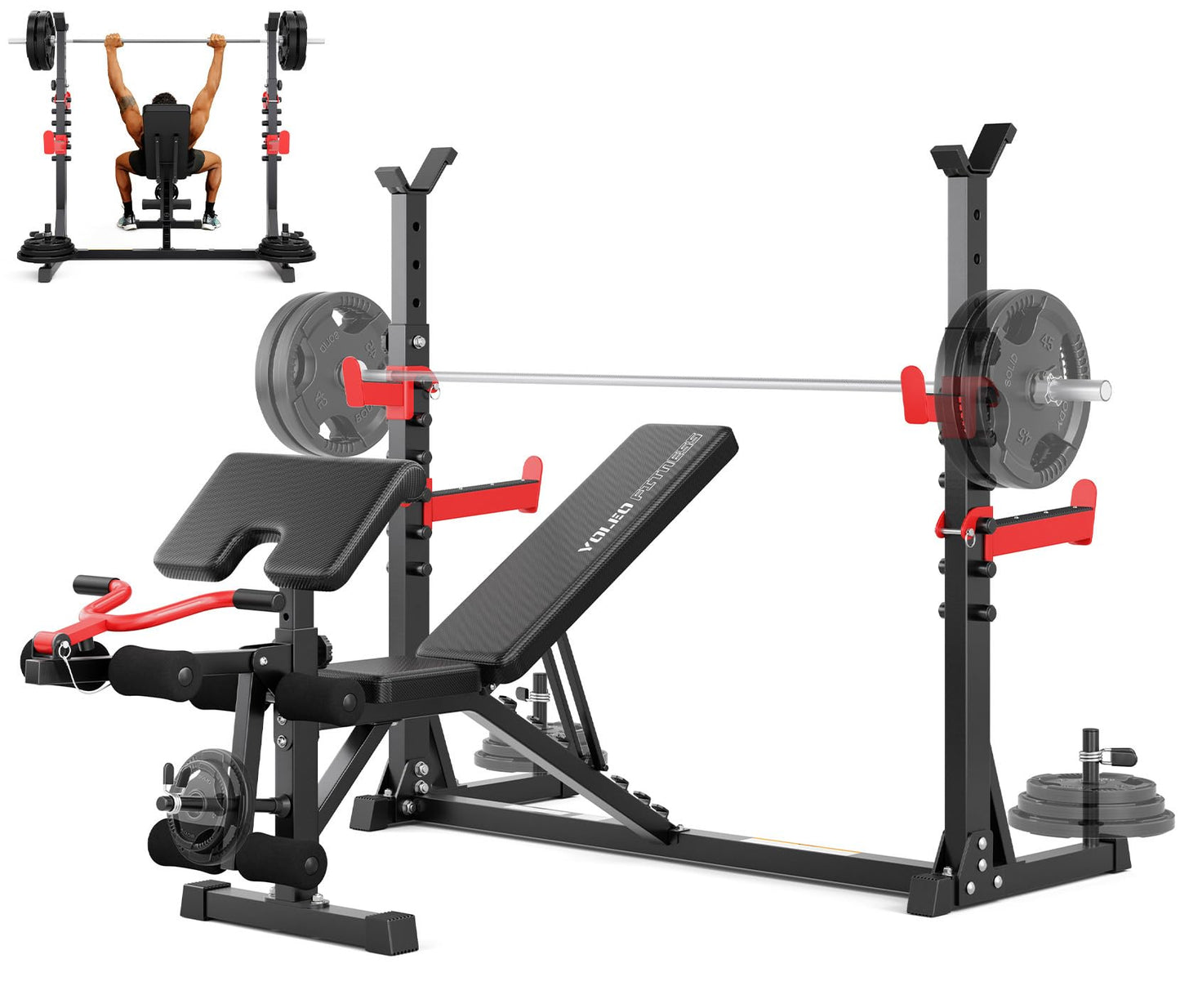 Yoleo 1980LBS Weight Bench with Rack - Bench Press Set, Leg Extension, Preacher Curl & Flat/Incline/Decline Full Body Workout Bench, Adjustable Olympic Weight Benches for Home Gym(47.44IN WIDE GRIP)