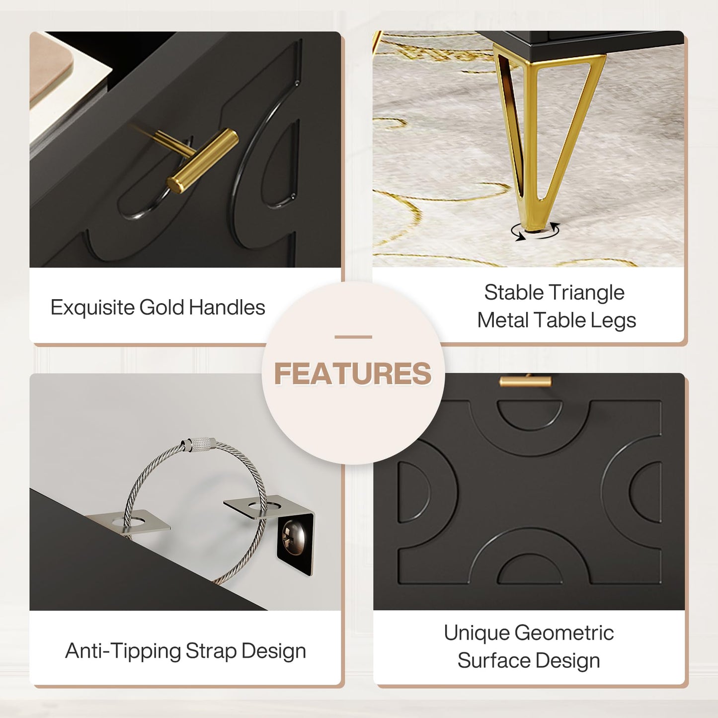 Tribesigns 59-Inch Black Executive Computer Desk with 4 File Drawers Storage, Modern Writing Table, Luxury Desk with Gold Legs for Home Office