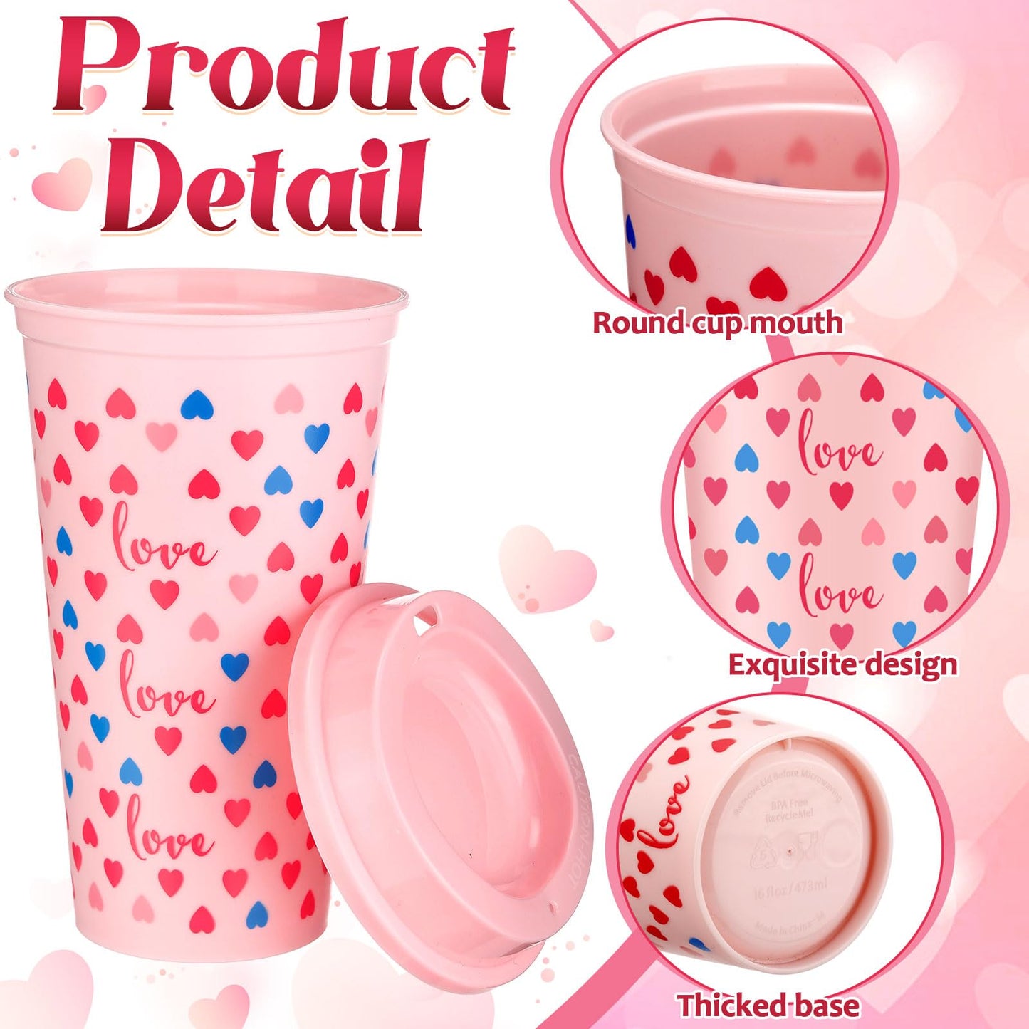 Pickmesh 28 Pack Valentines Day Coffee Cups Gift Bulk for Women Teachers 16 oz Reusable Valentine Coffee Mugs with Lid Red Heart Plastic Tumblers Thank You Mug for Hot and Cold Drinks