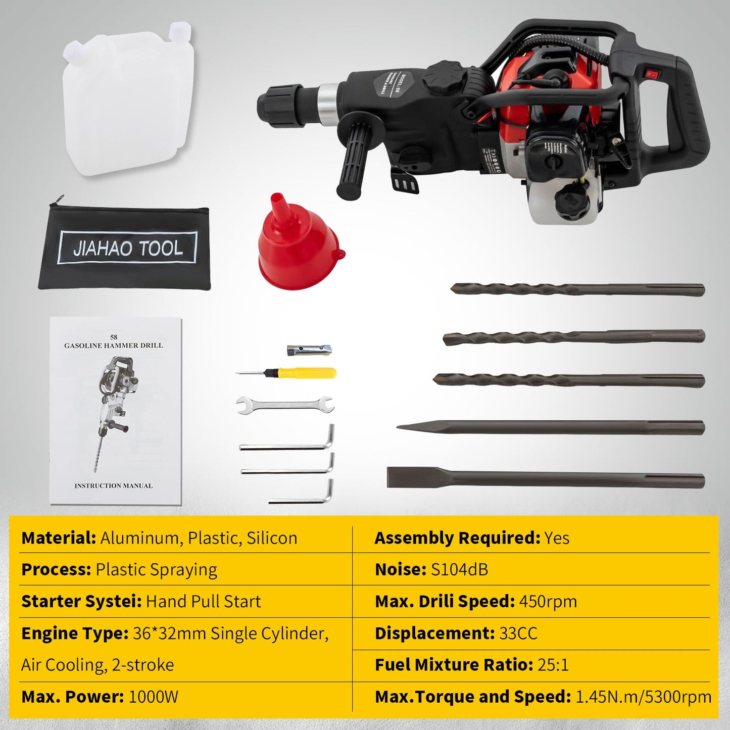 DEVALLEY Demolition Jack Hammer 33CC 2-Stroke Gas Powered Jack Hammer with Air Cooling System Hand Pull Start Gasoline Concrete Breaker Hammer for Hammering, Slotting,Drilling,Crushing