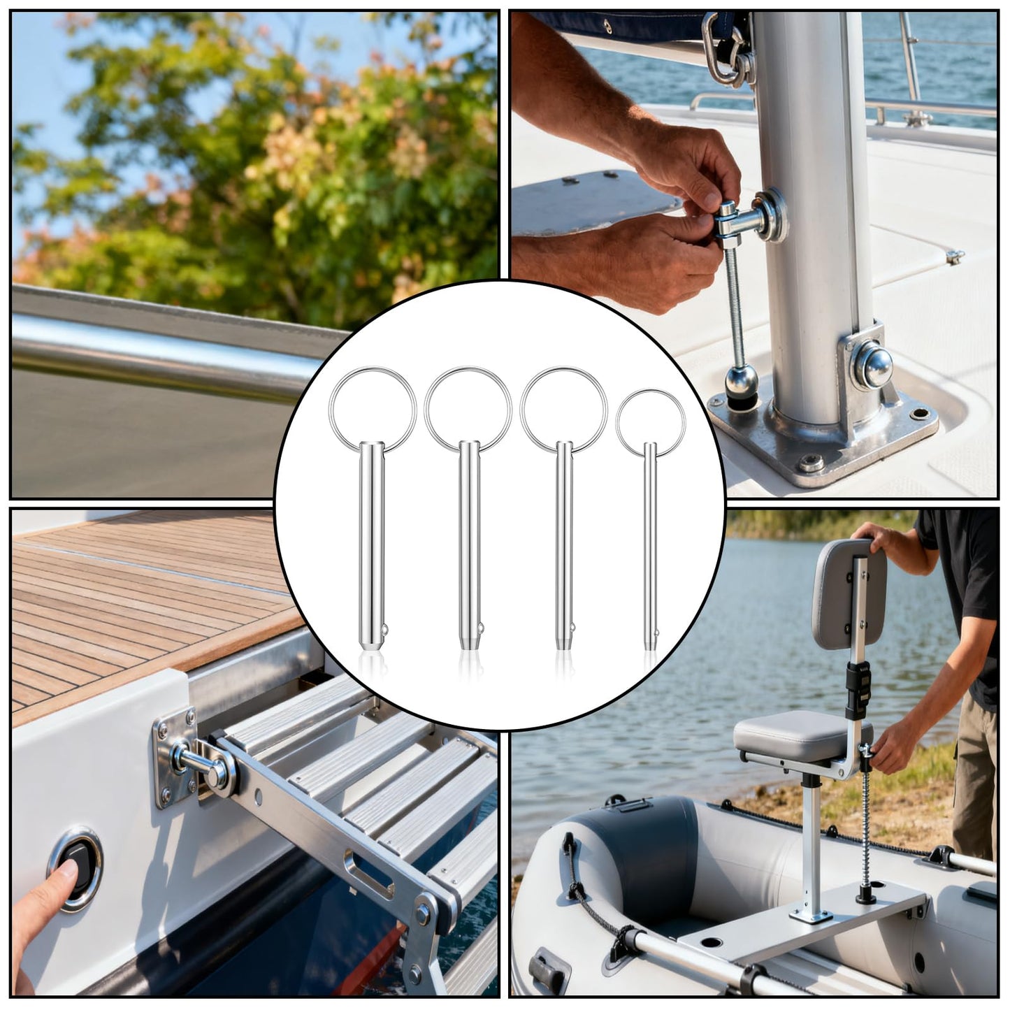Soulchen 4 Pack Quick Release Pins, Diameter 3/8", 5/16", 1/4", 1/5", Bimini Top Pins, Full 316 Stainless Steel Marine Hardware for Ship Outfitting/Shipbuilding, Silver