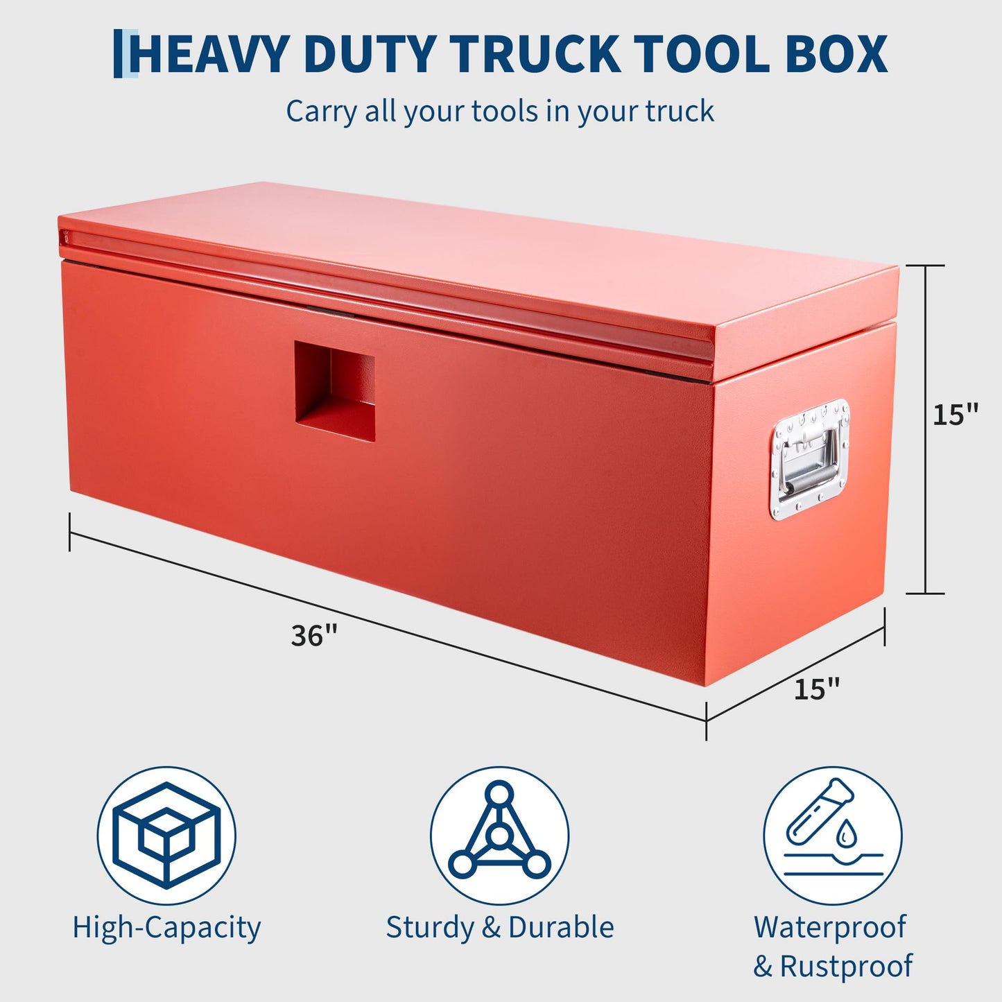 PeakPursuit Heavy Duty Steel Truck Bed Toolbox – 36x15 in Weatherproof Storage Chest, Dual Hydraulic Levers, Lock & Keys, Waterproof for Pickup, Trailer, RV, Garage, Workshop – Red