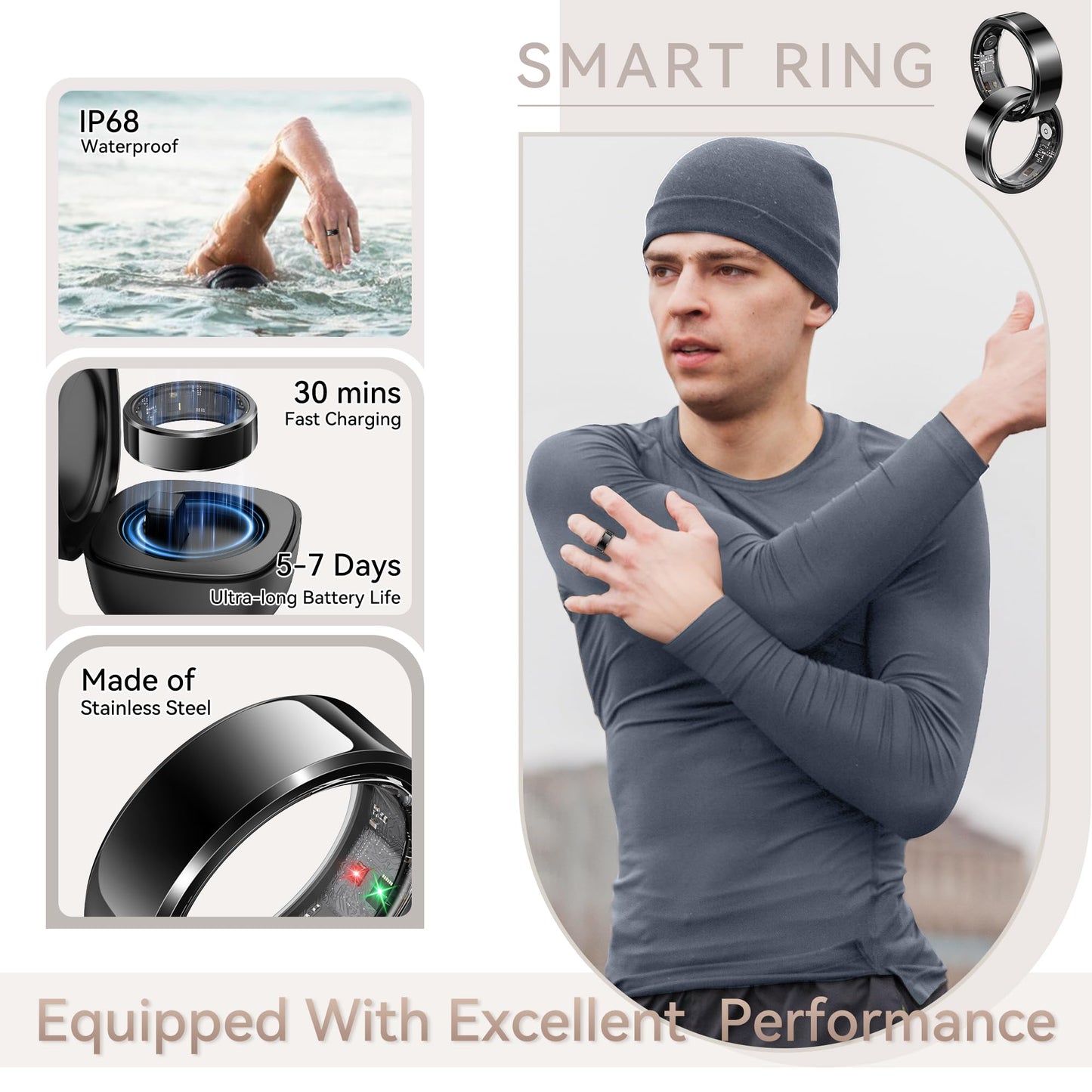 Smart Ring for Men, Fitness & Activity Tracker with Blood Pressure/Heart Rate Monitor, Sleep Tracker, Step Counter, IP68 Waterproof Ring for iOS & Android, Fast Charge, No Subscription (Black,Size9)