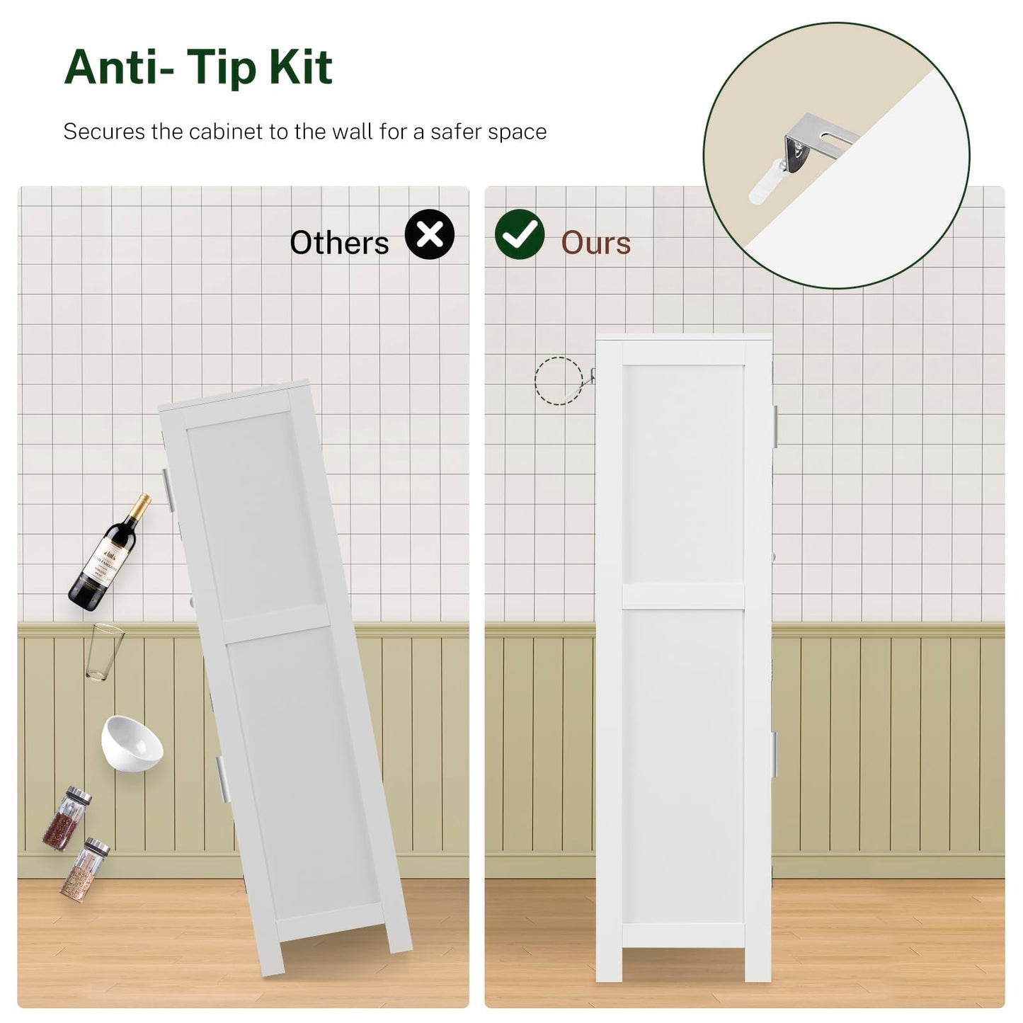 TEENFON Bathroom Storage Cabinet with Adjustable Shelf & Large Drawer, Tall Storage Cabinet with 4 Doors, Kitchen Pantry Storage Cabinets, for Living Room, Dining Room, Home Office, Entryway, White