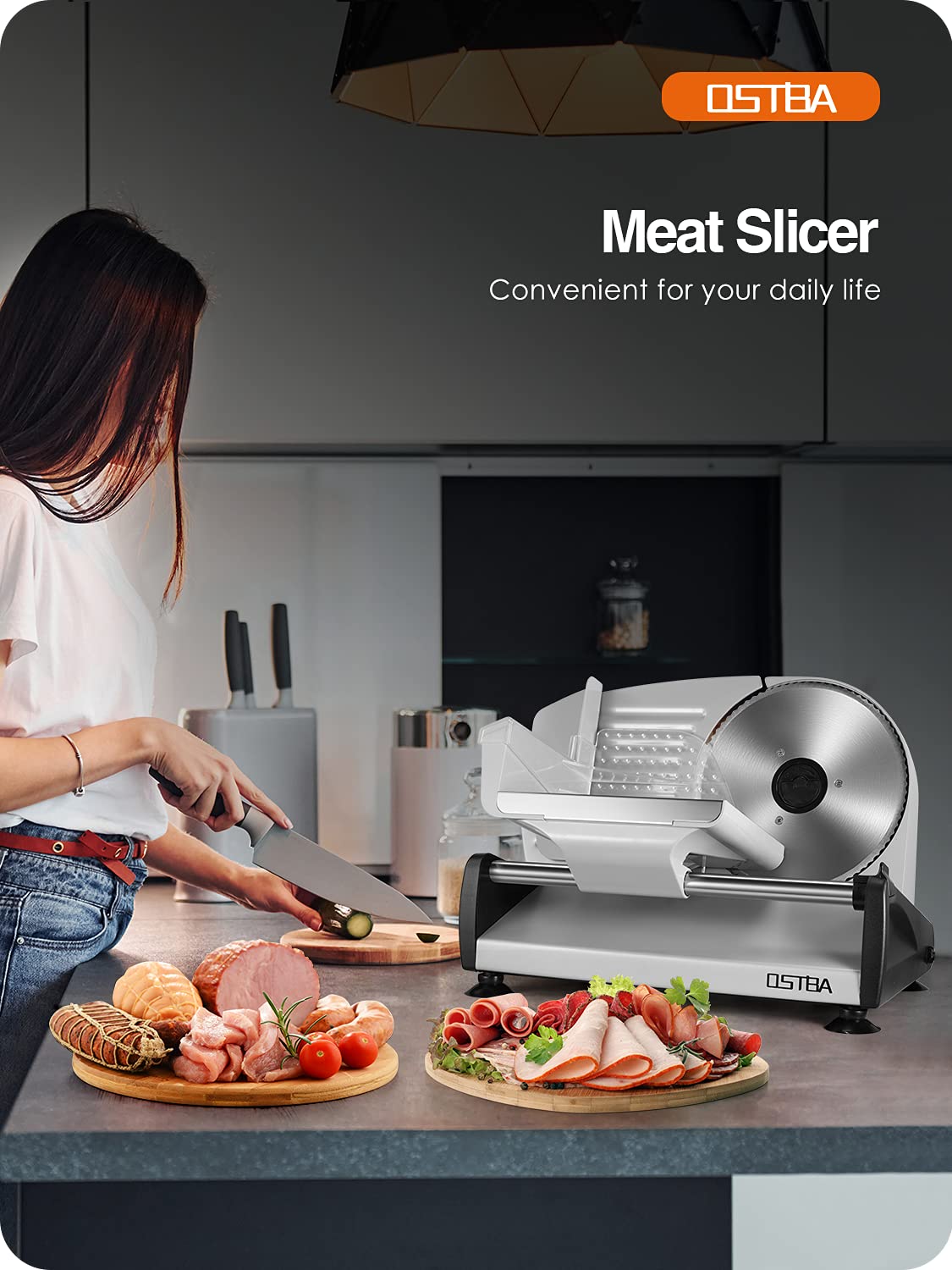 OSTBA Meat Slicer 200W Electric Deli Food Slicer with 2 Removable 7.5" Stainless Steel Blade, Adjustable Thickness for Home Use, Child Lock Protection, Easy to Clean, Cuts Meat, Bread and Cheese