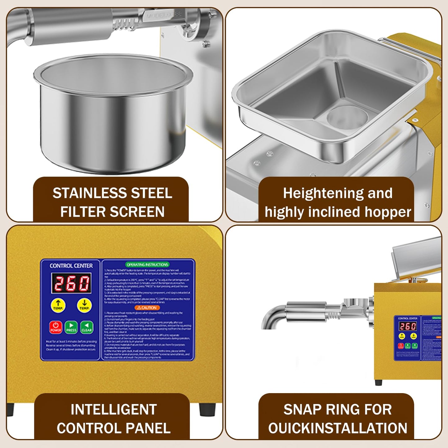 Rkazes Oil Press Machine, 1800W Automatic Electric Oil Maker for Home & Commercial, Stainless Steel Oil Extractor for Cold & Hot Press for Seed, Nut, Peanut, Olive Kernel, Sesame, Sunflower, Walnut