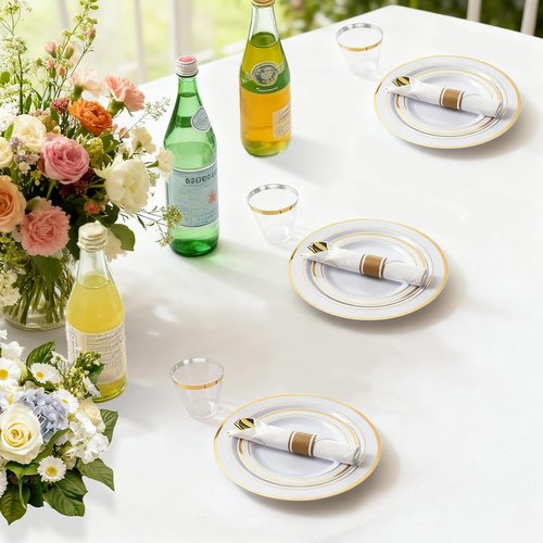 M MCIRCO Gold Dinnerware Set - 350 Pieces with 100 Plastic Plates, 50 Cups & Silverware for 50 Guests