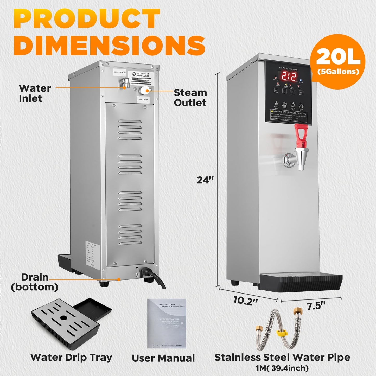 Commercial Hot Water Dispenser Water Boiler Countertop Auto-filling Stainless Steel Hot Water Machine Step-heating 104-212°F Adjustable for Cafe Tea Shop Office Restaurant Hotel 1500W 20L