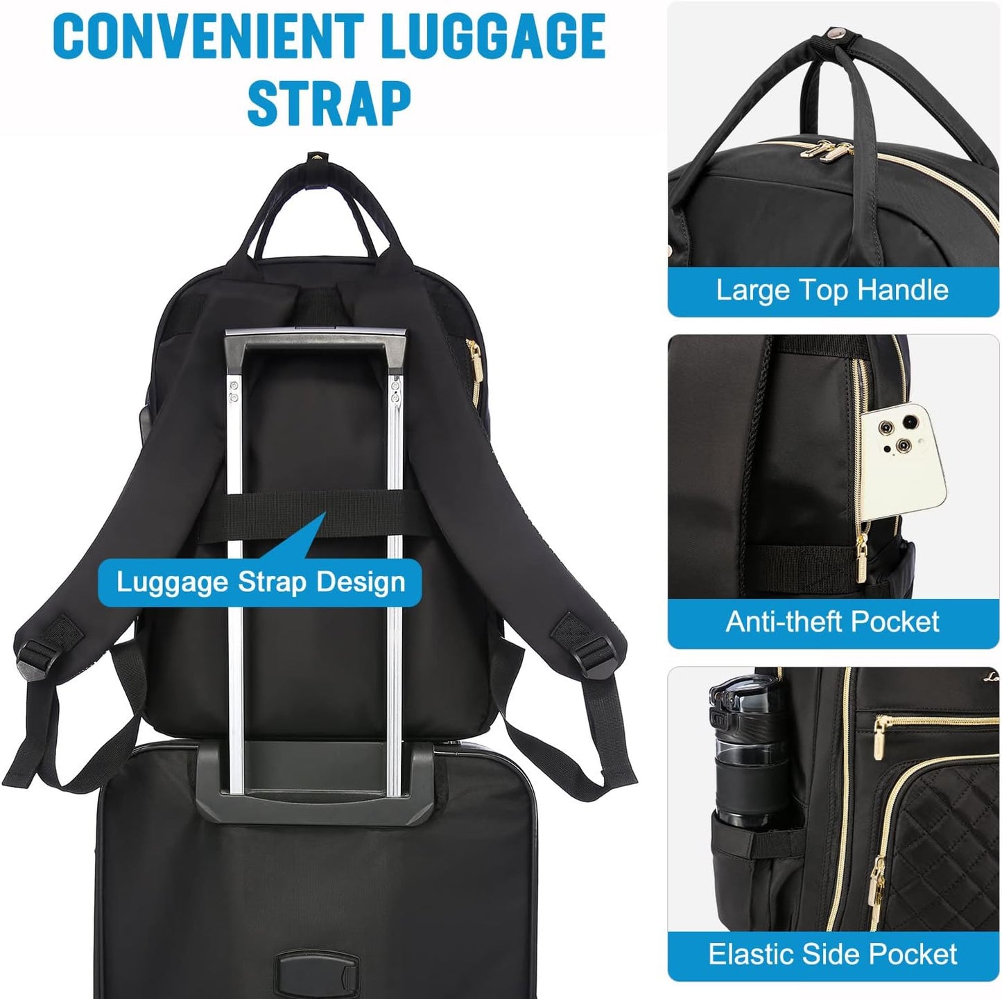 Backpack Backpacks 15.6" LOVEVOOK Laptop for Women, Water Resistant Travel Work Black Purse Business Teacher Nurse