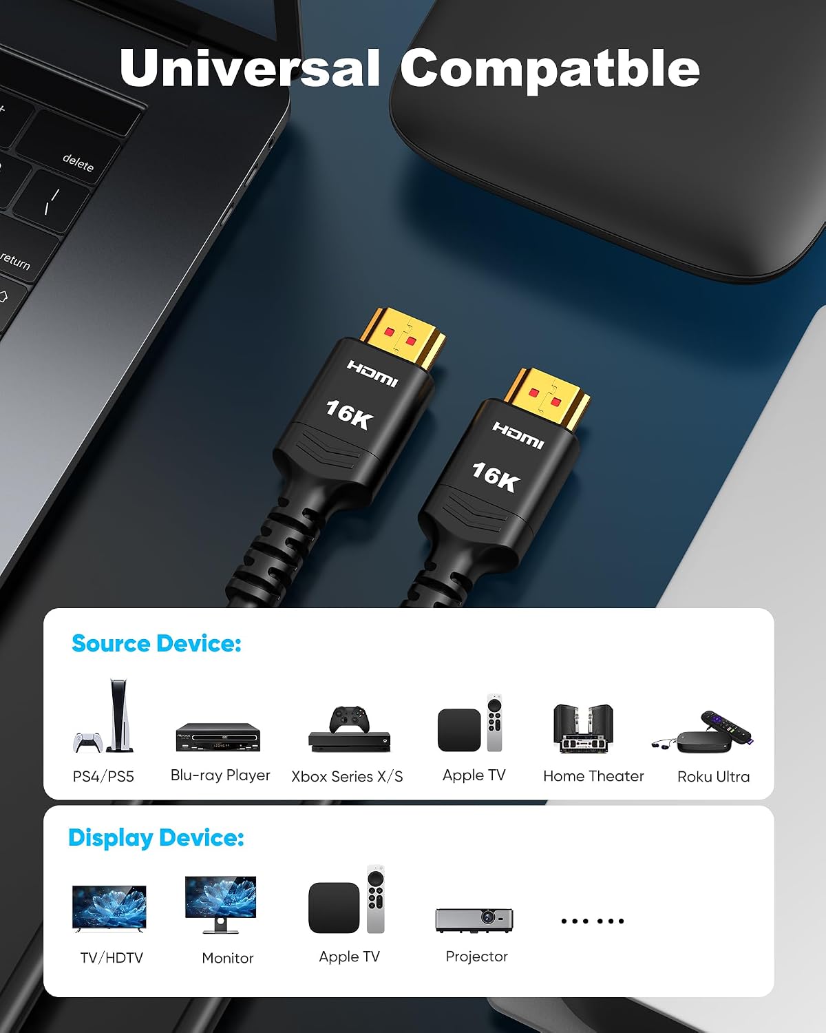 16K 10K 8K 6FT, 8K@120Hz 144Hz 2.2 96Gbps, Highwings HDMI Cable HDMI Cord Ultra High Speed Durable, Flexible