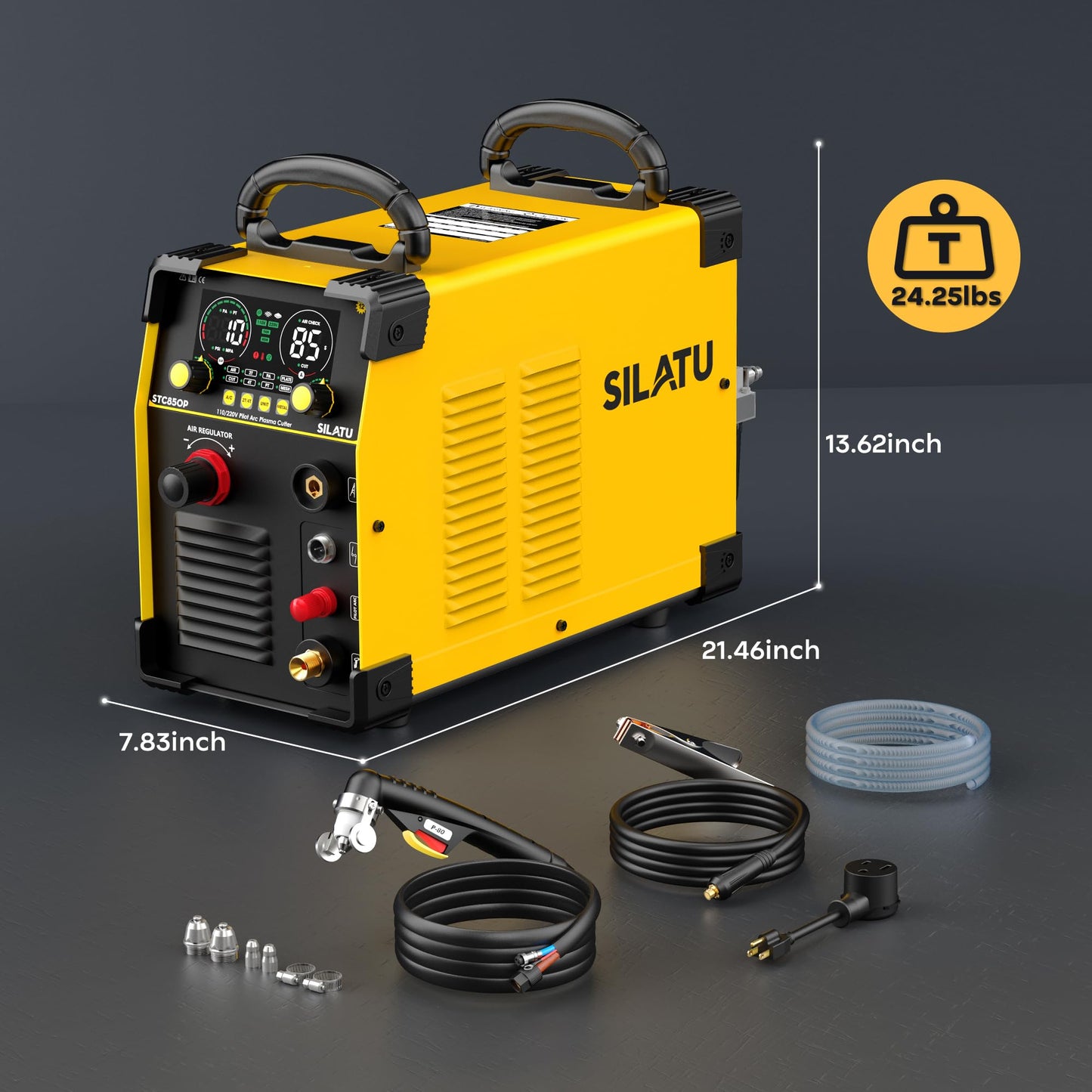 SILATU 85Amps Plasma Cutter, STC850P HF Non-Touch Pilot Arc Plasma Cutter Machine, 110/220V Dual Voltage Air Sensor Technology Digital Display, 1'' Clean Cut 5/4'' Max Cut, PT/2T/4T for Beginners DIY