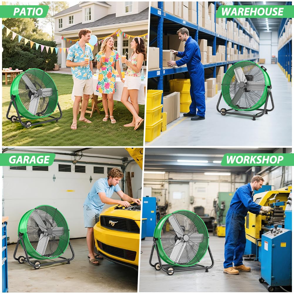 LifePlus 24 Inch Industrial Drum Fan High Velocity Floor Shop Fan 3 Speed, Heavy Duty Metal Air Circulator with Adjustable Tilt & Large Wheel for Warehouse, Garage, Factory, Patio, Barn, Green