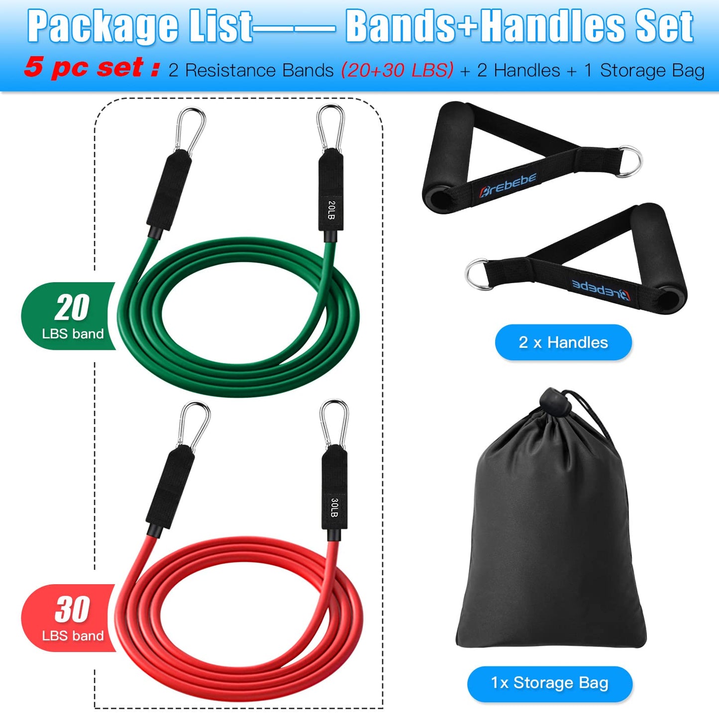 Brebebe Resistance Bands with Handles for Working Out, Natural Latex Exercise Bands Home Gym Equipment, Workout Bands Resistance Tubes for Fitness, Strength Training, Shape Body, Physical Therapy