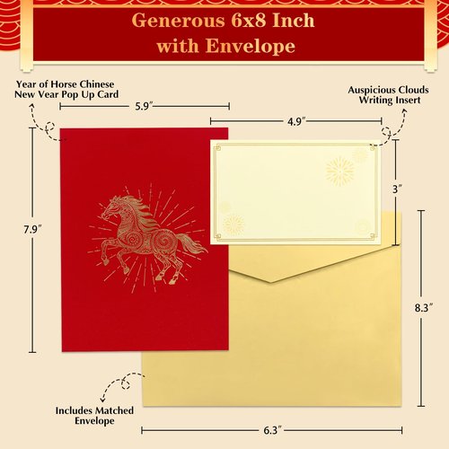 BIZIBAFF 3D Pop-Up Chinese New Year Card & Decorations 2026 - Year of The Horse - Handmade Lunar New Year Greeting Cards with Envelope, Unique Spring Festival Gifts for Family & Friends