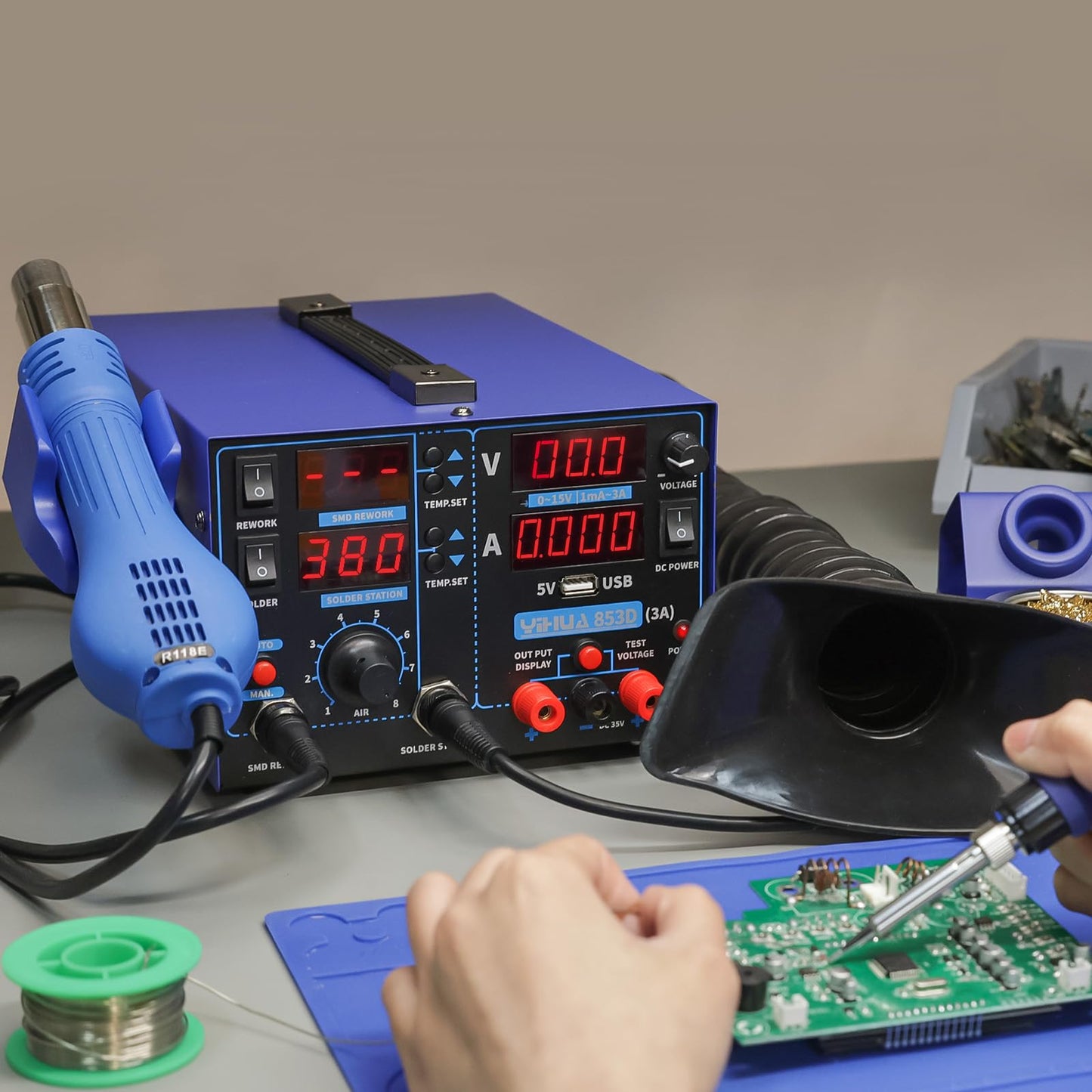 YIHUA 853D USB 3A-Three Tools- Soldering Station, Hot Air Rework Station and Power Supply 0~3A, 0-15V with output and test modes. Also ºC/°F display, Digital Cal, Sleep Function