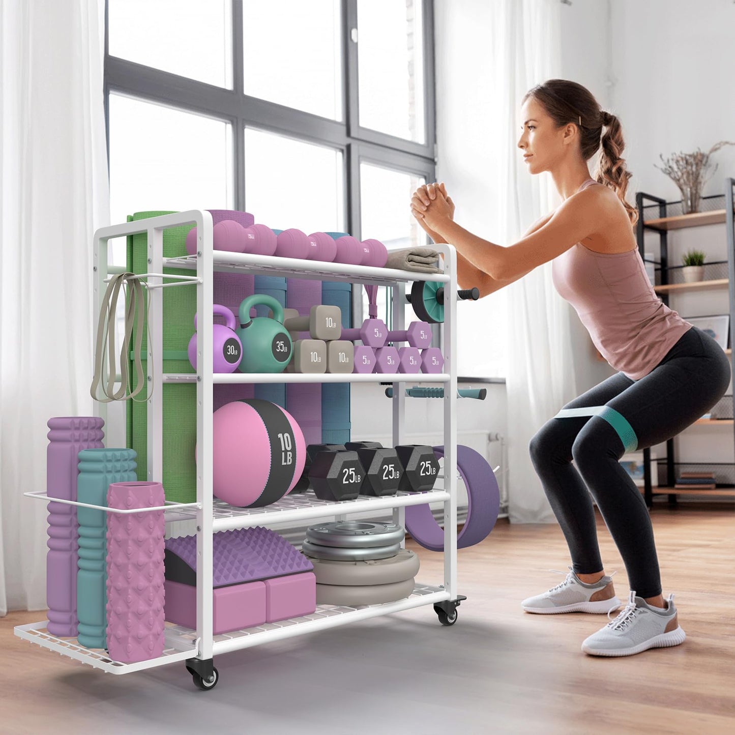 4-Tier Dumbbell Rack Stand Only, 600LB Capacity Adjustable Weight Rack for Dumbbells Kettlebells Yoga Mat, Home Gym Storage Rack with Wheels and Hooks, Powder Coated Finish (Large White)