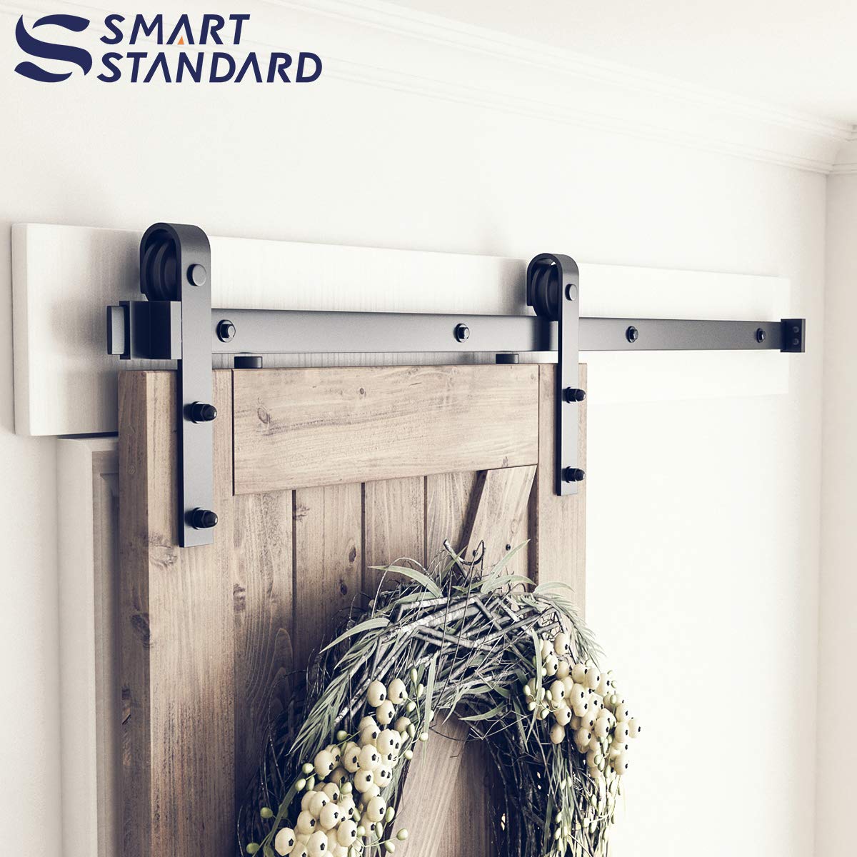 SMARTSTANDARD 5FT Sliding Barn Door Hardware Whole Kit (Include 5ft Track Kit & Pull Handle Set & Floor Guide), Smoothly and Quietly, Easy to Install, Fit 30" Wide Door Panel (J Shape)